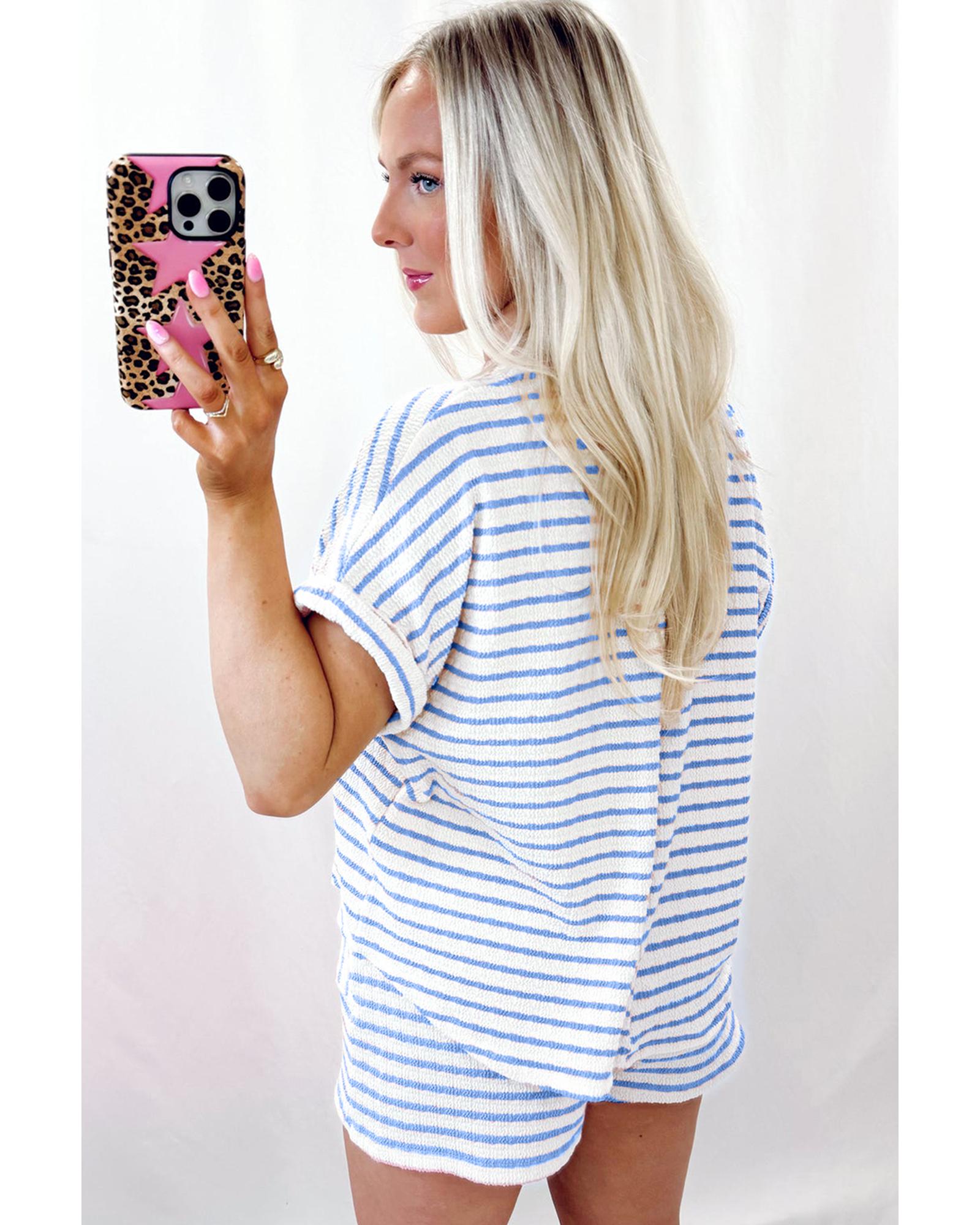 Sky Blue Stripe Knitted Short Sleeve Top and Drawstring Shorts Set - S