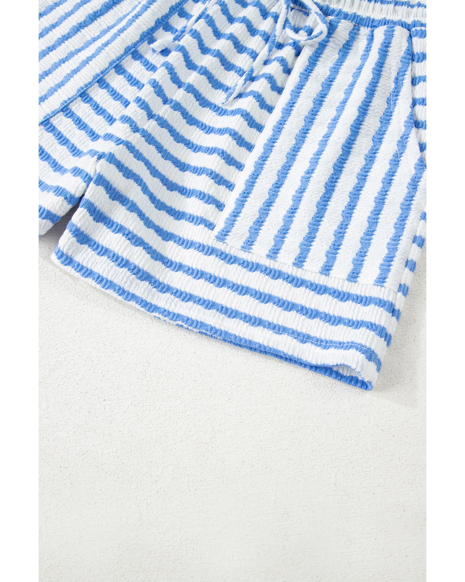 Sky Blue Stripe Knitted Short Sleeve Top and Drawstring Shorts Set - XL 7