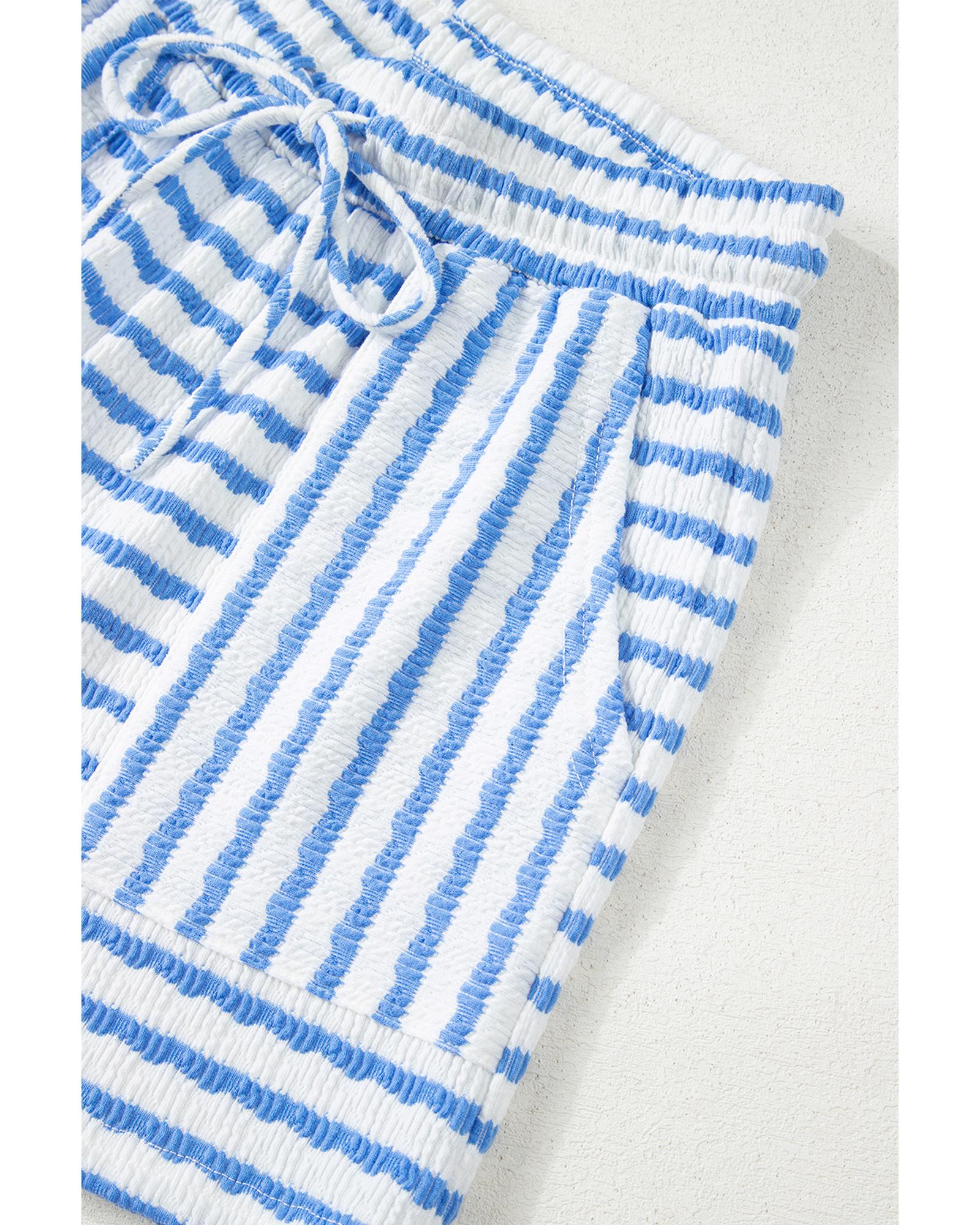 Sky Blue Stripe Knitted Short Sleeve Top and Drawstring Shorts Set - XL 8