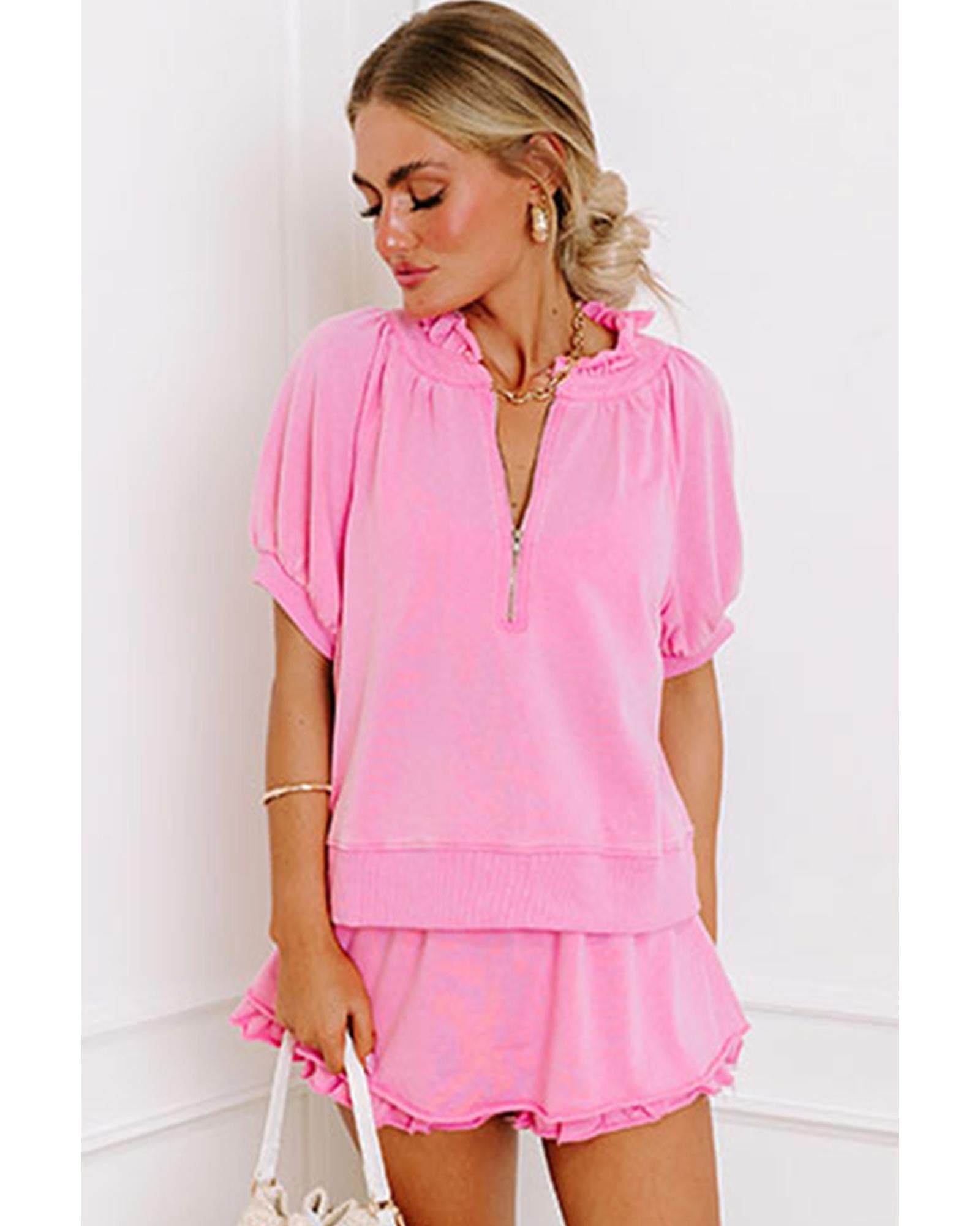 Pink Half Zip Puff Sleeve Top and Ruffled Shorts Set - L