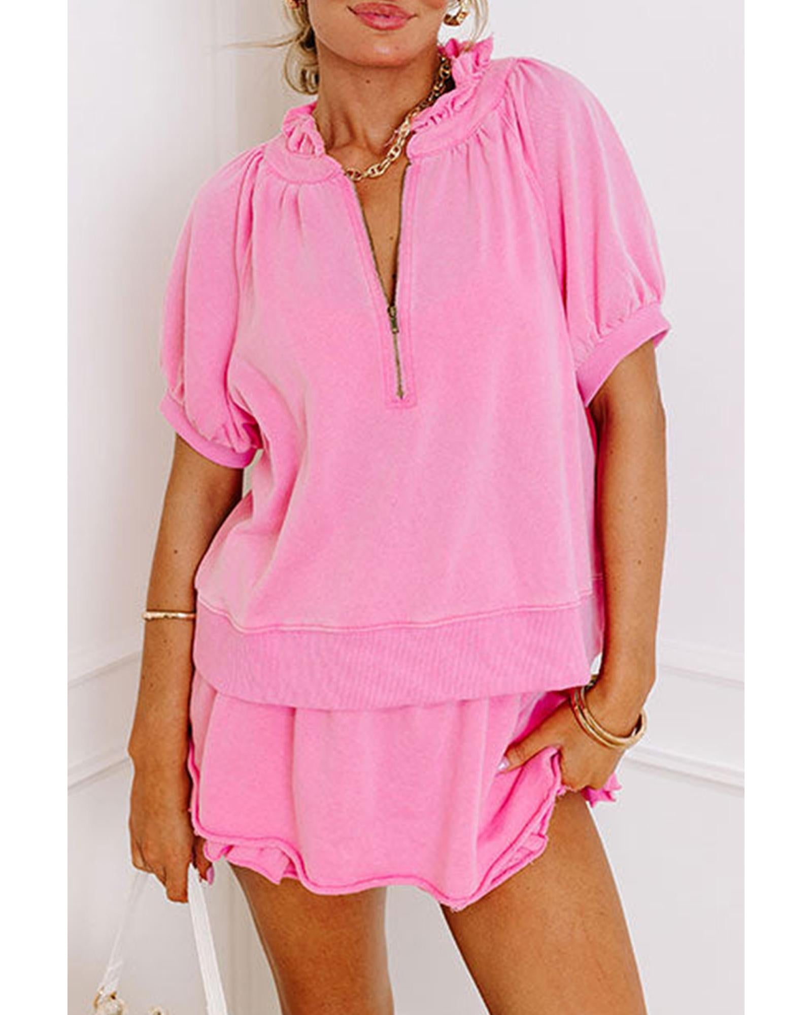 Pink Half Zip Puff Sleeve Top and Ruffled Shorts Set - M 3