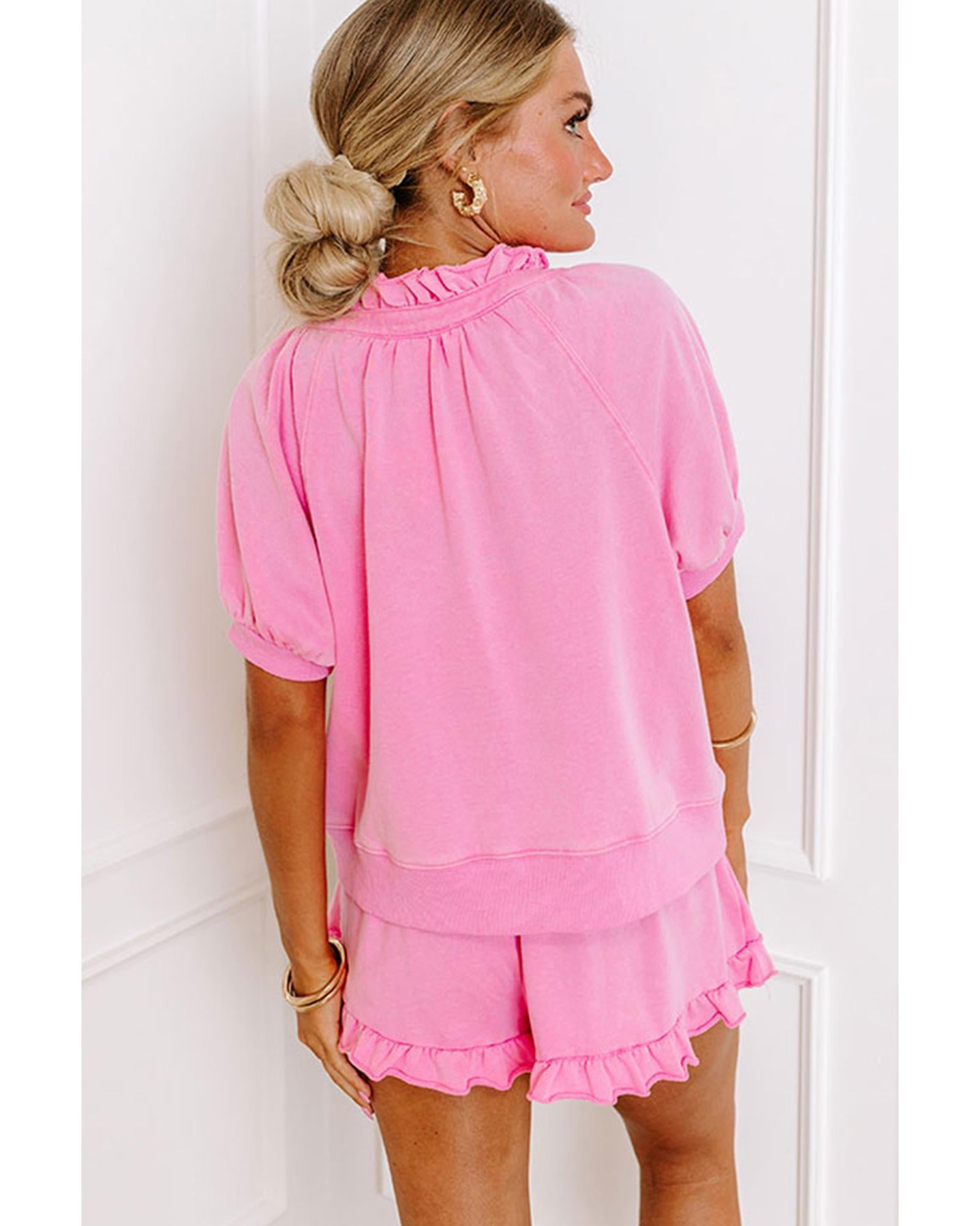 Pink Half Zip Puff Sleeve Top and Ruffled Shorts Set - M 4