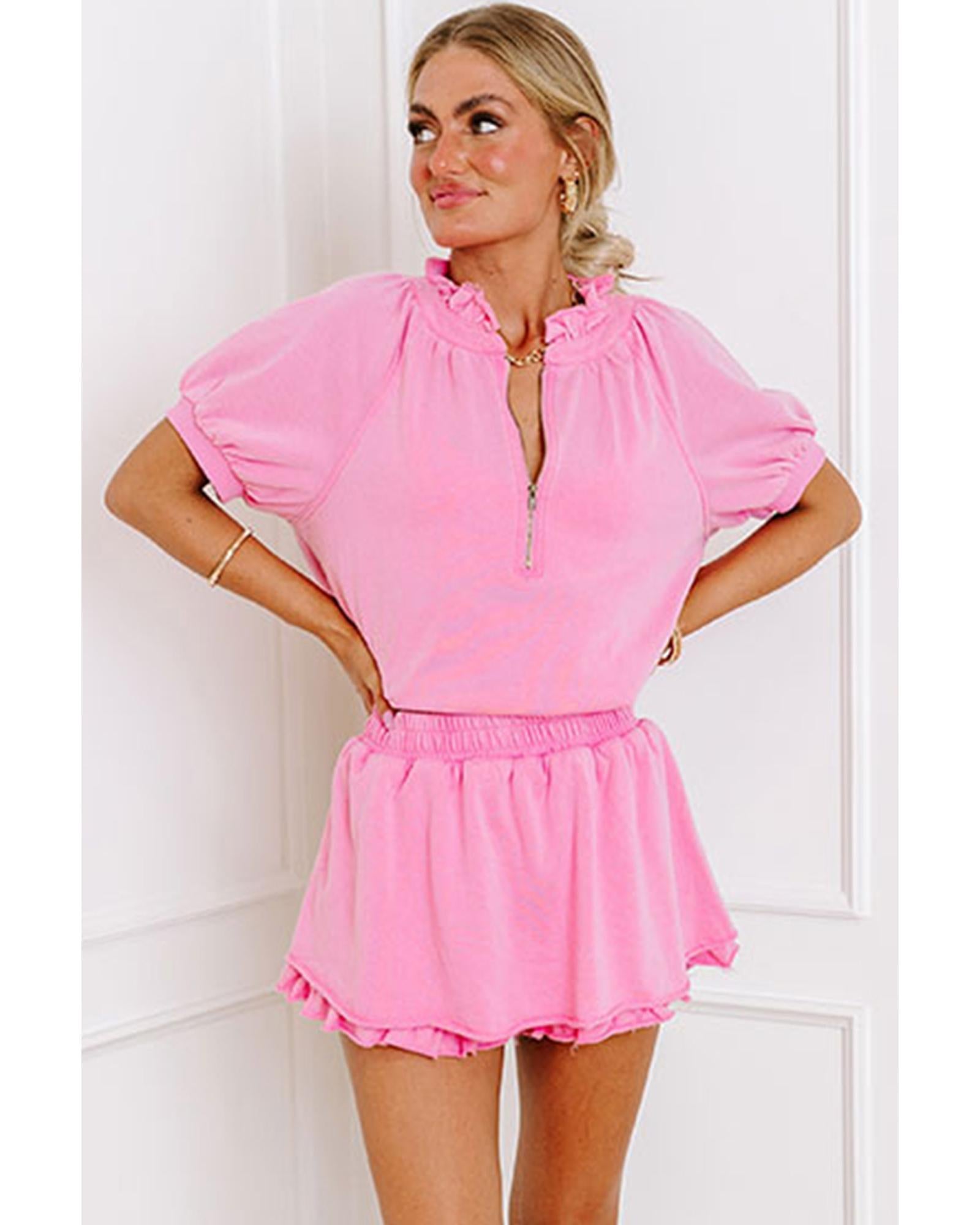 Pink Half Zip Puff Sleeve Top and Ruffled Shorts Set - M 8