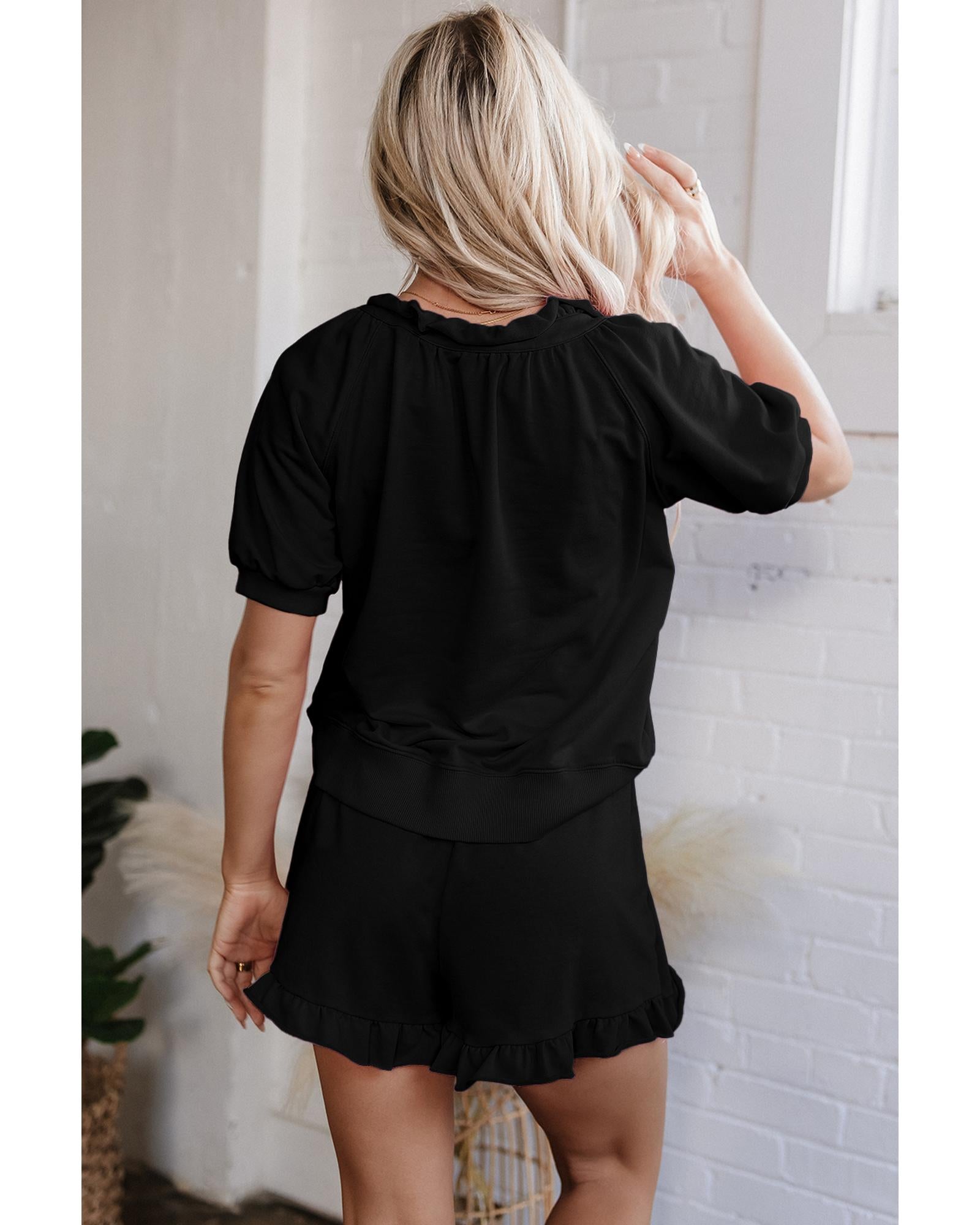 Black Half Zip Puff Sleeve Top and Ruffled Shorts Set - XL