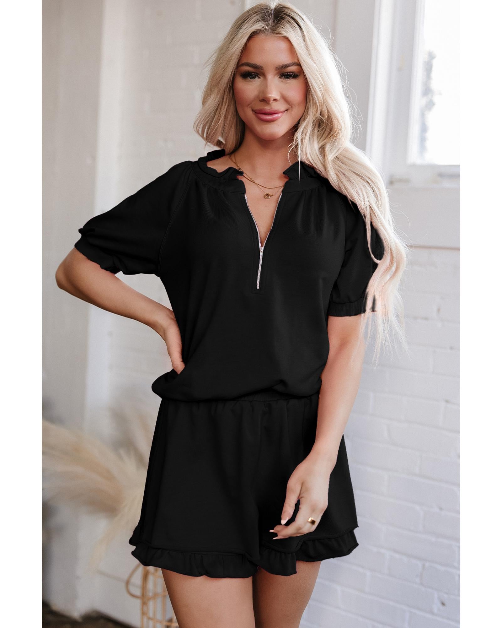Black Half Zip Puff Sleeve Top and Ruffled Shorts Set - XL 4