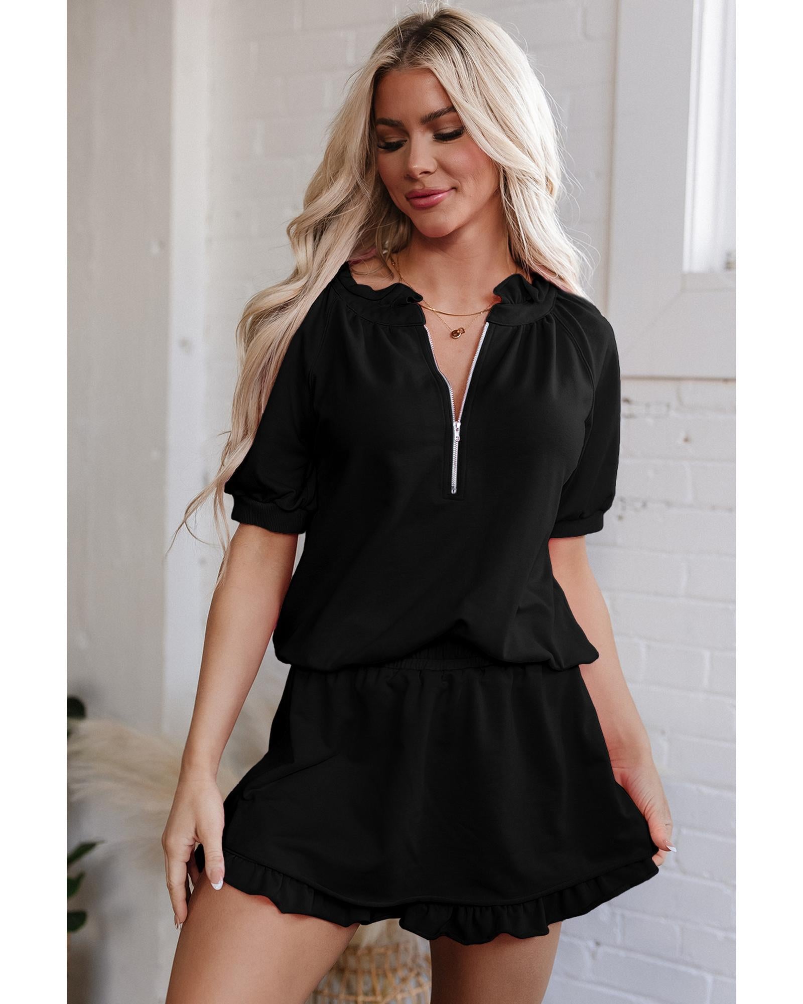 Black Half Zip Puff Sleeve Top and Ruffled Shorts Set - XL 6