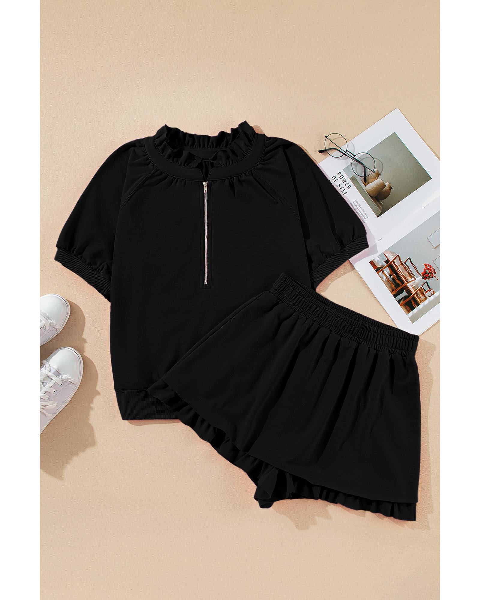 Black Half Zip Puff Sleeve Top and Ruffled Shorts Set - XL 8