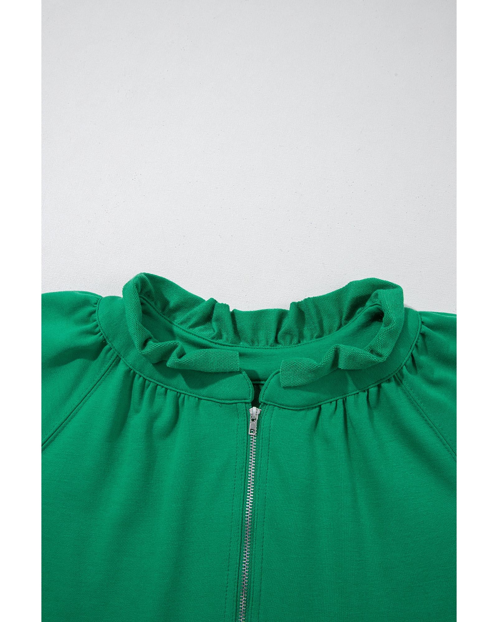 Sea Green Half Zip Puff Sleeve Top and Ruffled Shorts Set - L 7