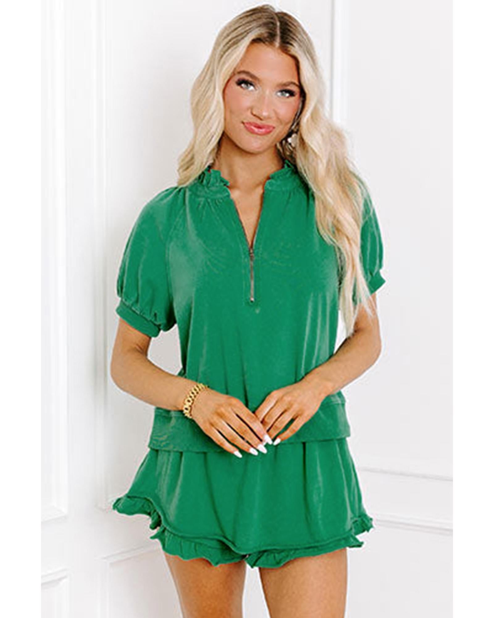 Sea Green Half Zip Puff Sleeve Top and Ruffled Shorts Set - M 4