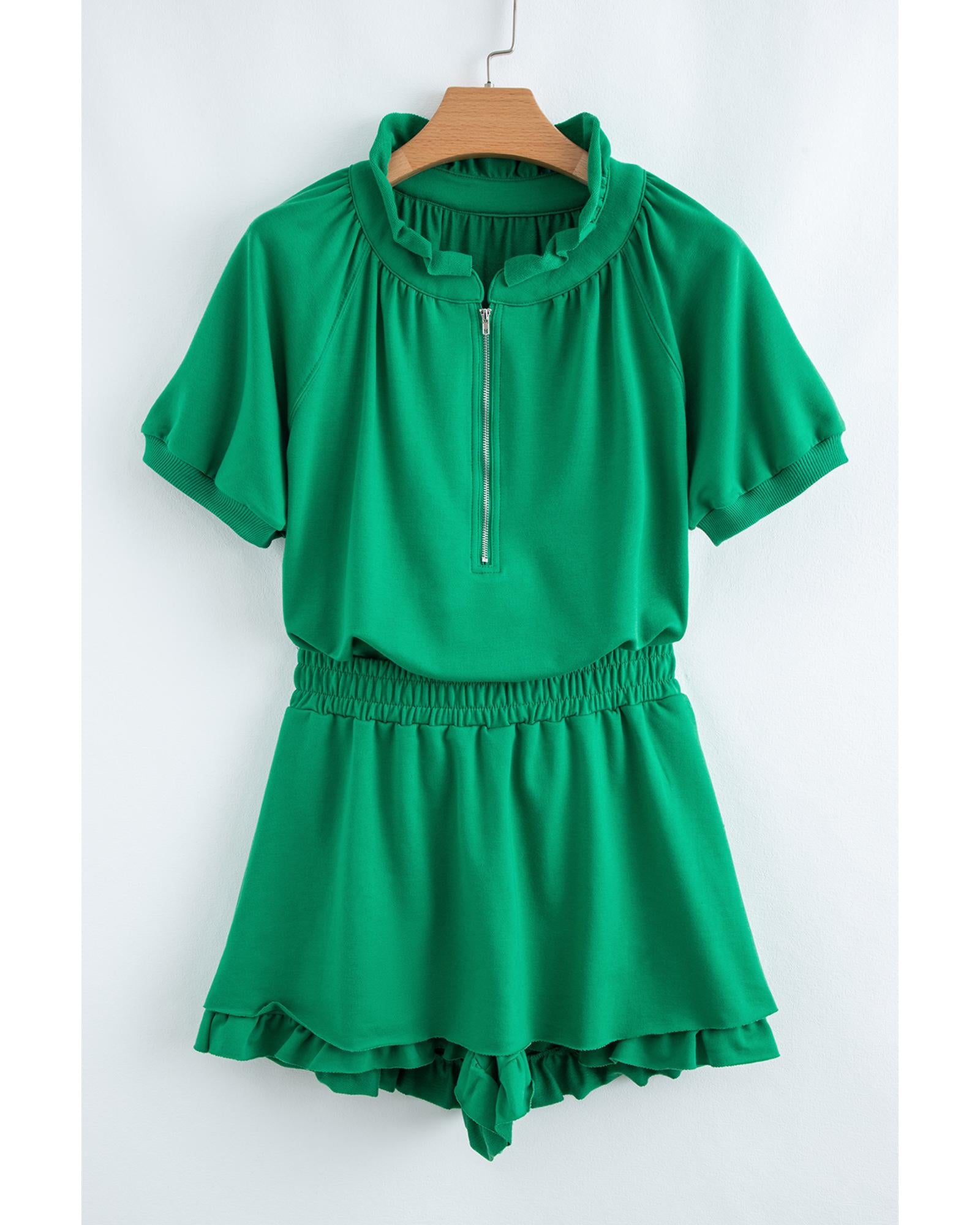 Sea Green Half Zip Puff Sleeve Top and Ruffled Shorts Set - M 6