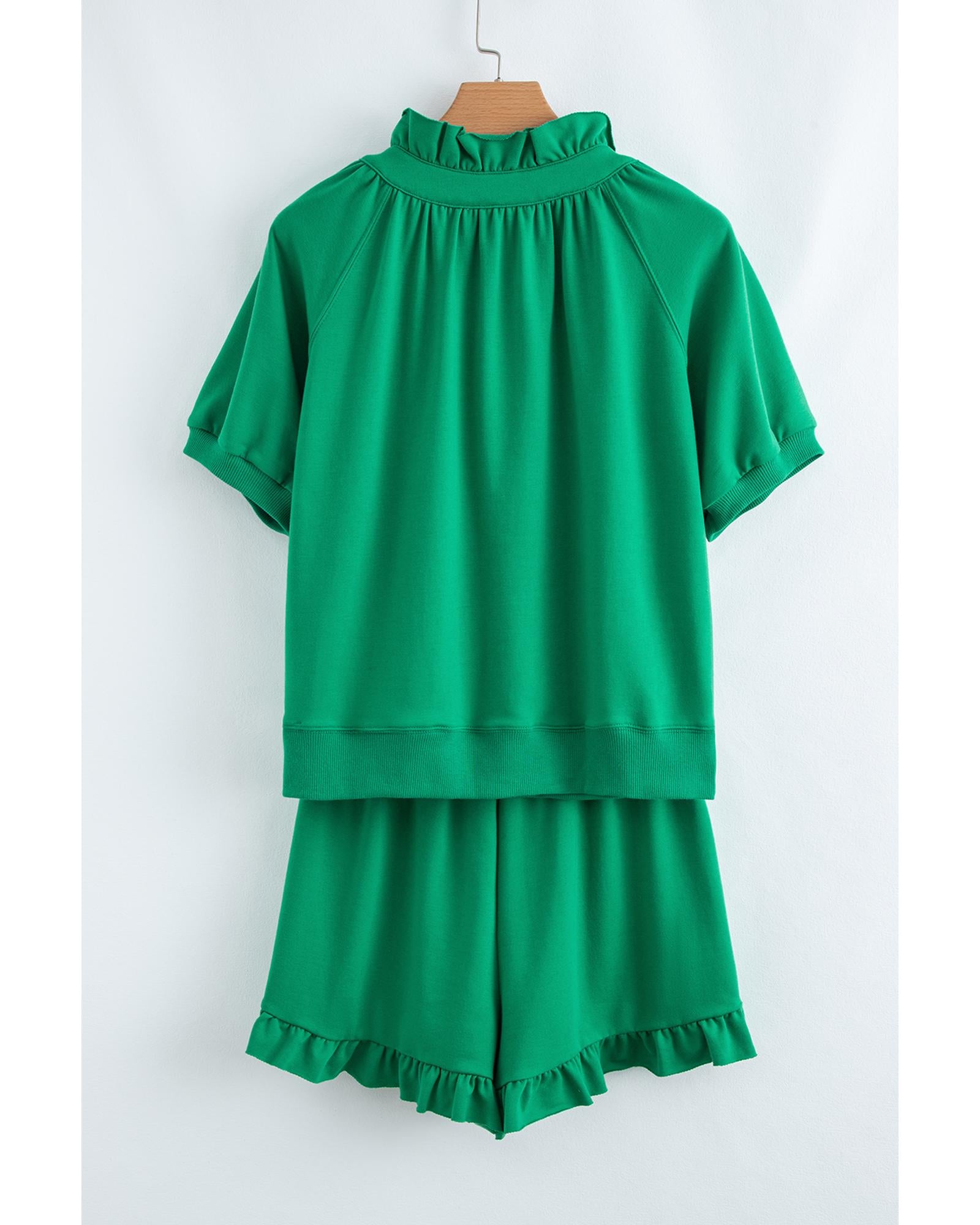 Sea Green Half Zip Puff Sleeve Top and Ruffled Shorts Set - XL 7