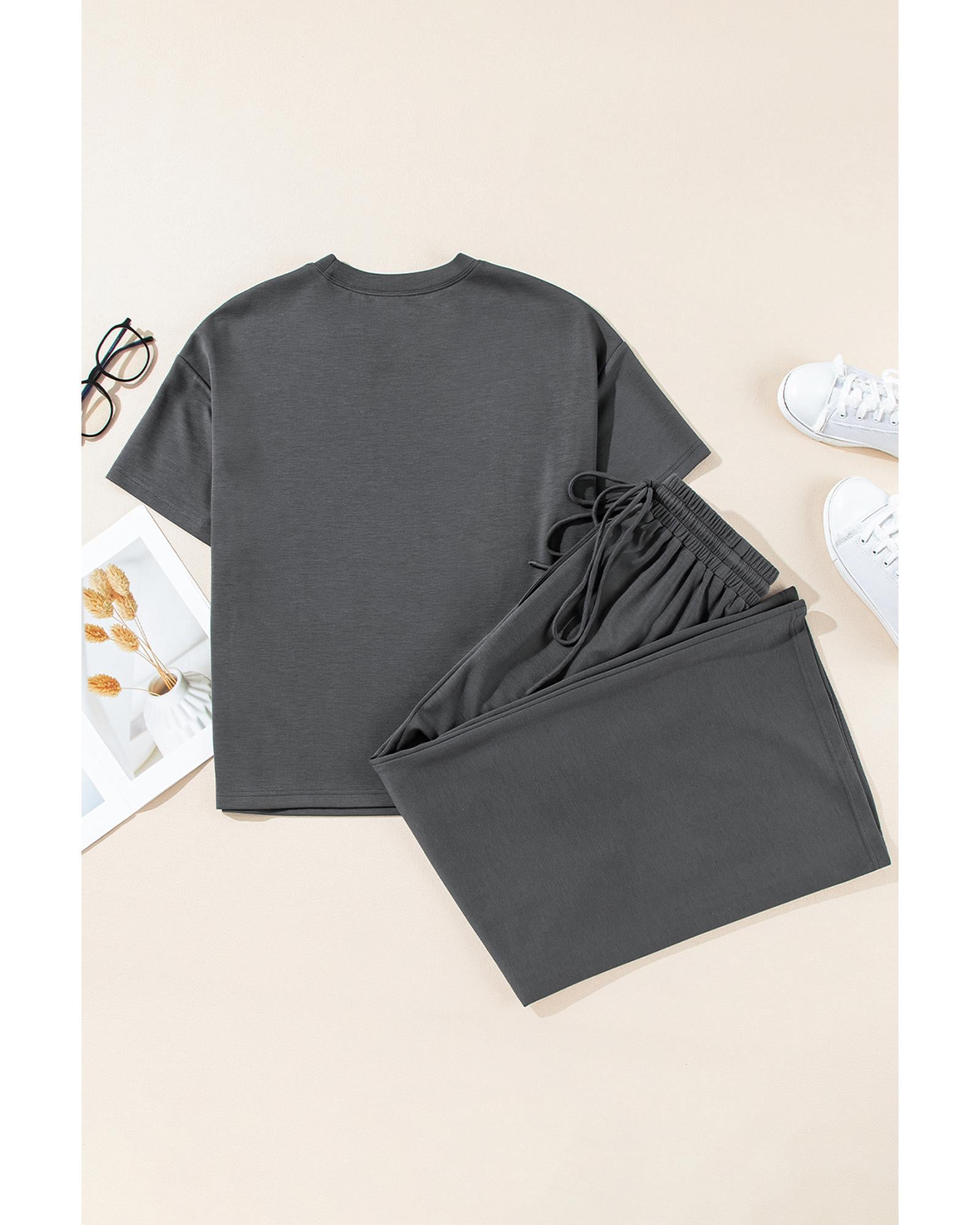 Dark Grey Drawstring Side Crewneck Tee and Loose Pants Set - M 5