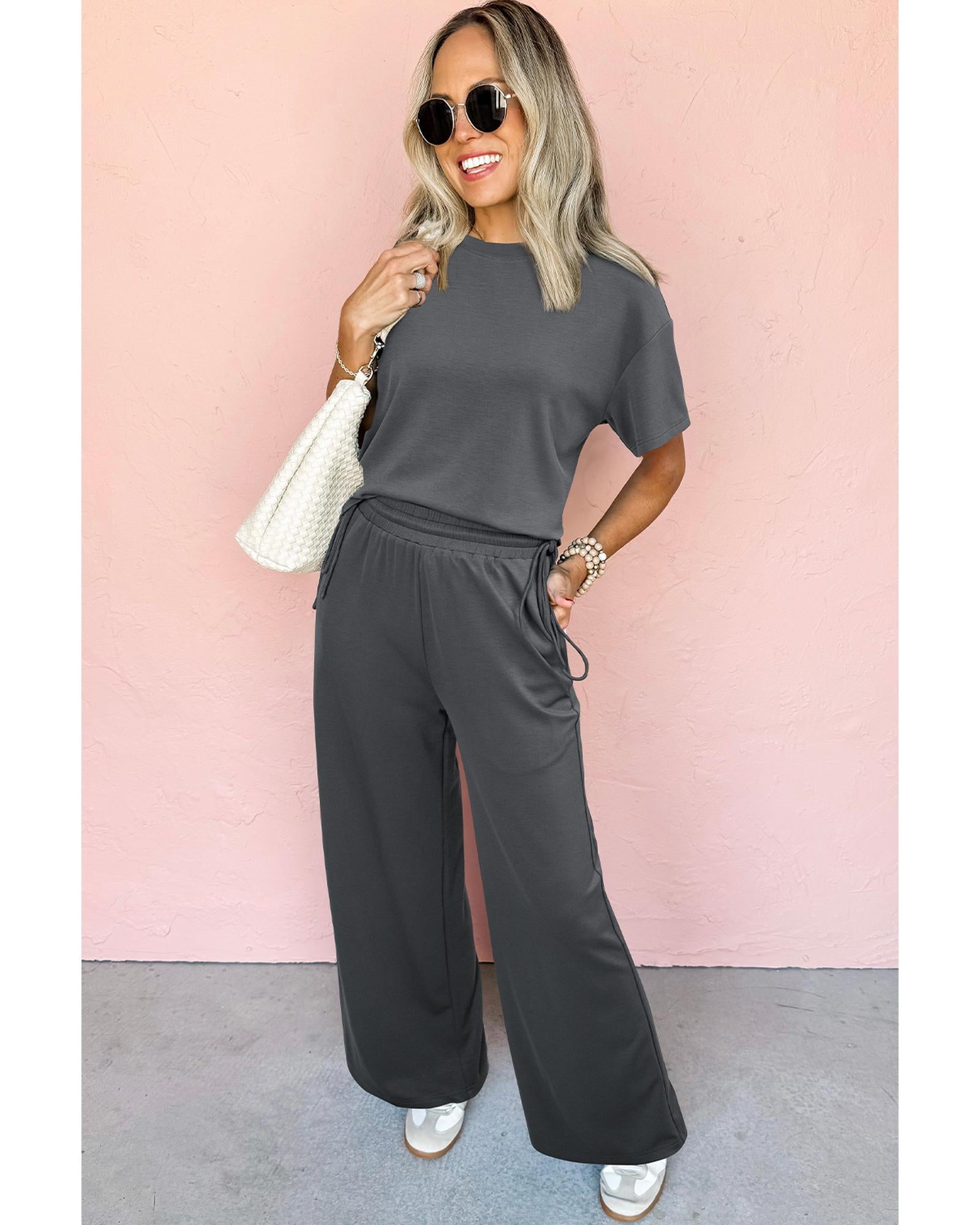 Dark Grey Drawstring Side Crewneck Tee and Loose Pants Set - S 3