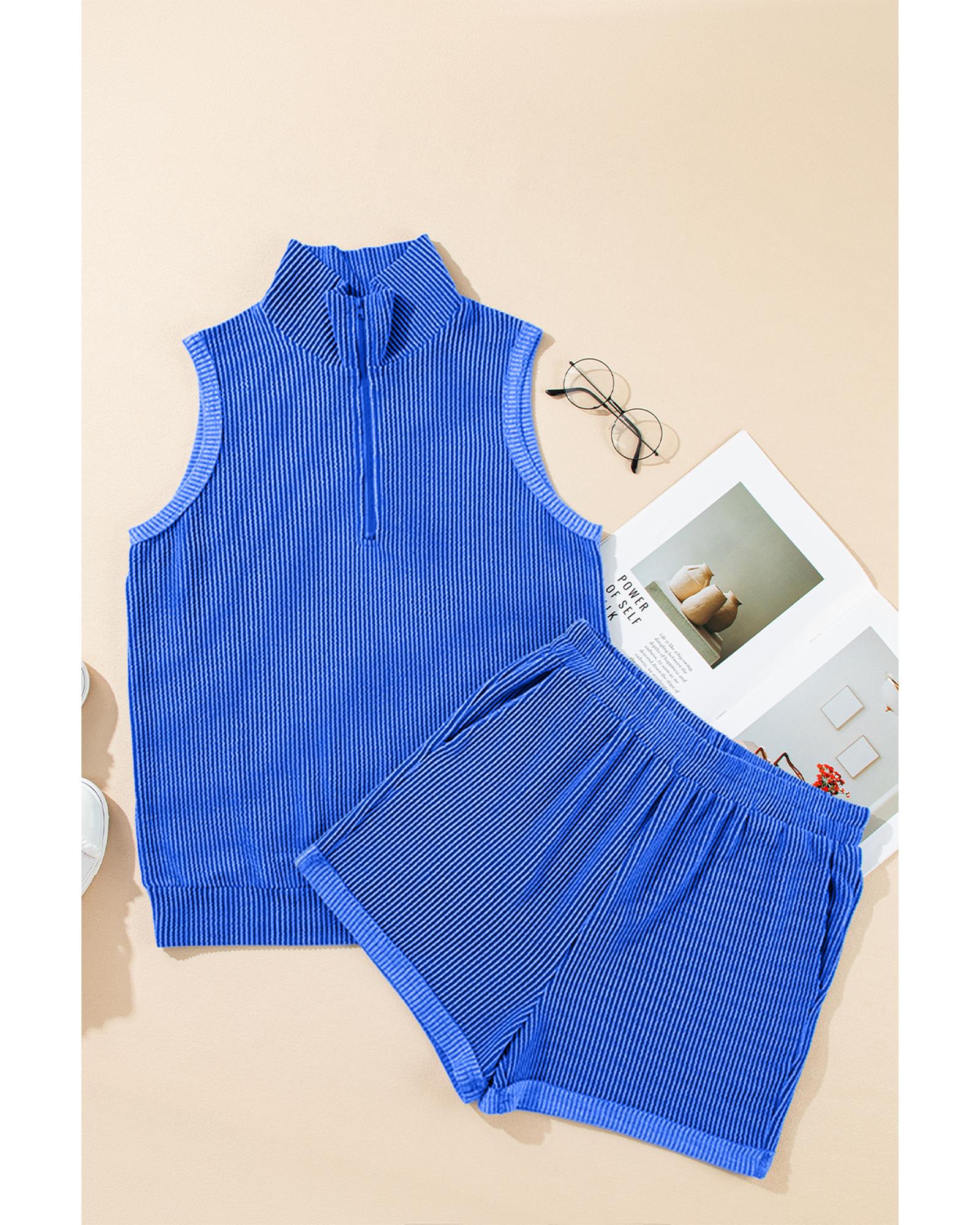 Sky Blue Corded Collared Half Zip Tank Top Two Piece Shorts Set - L 4