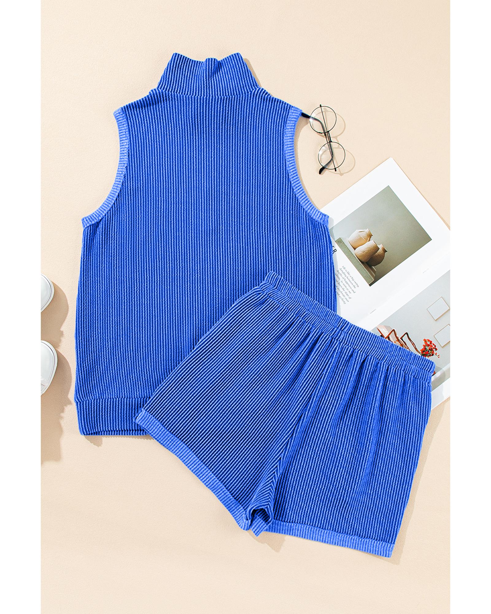 Sky Blue Corded Collared Half Zip Tank Top Two Piece Shorts Set - XL 5