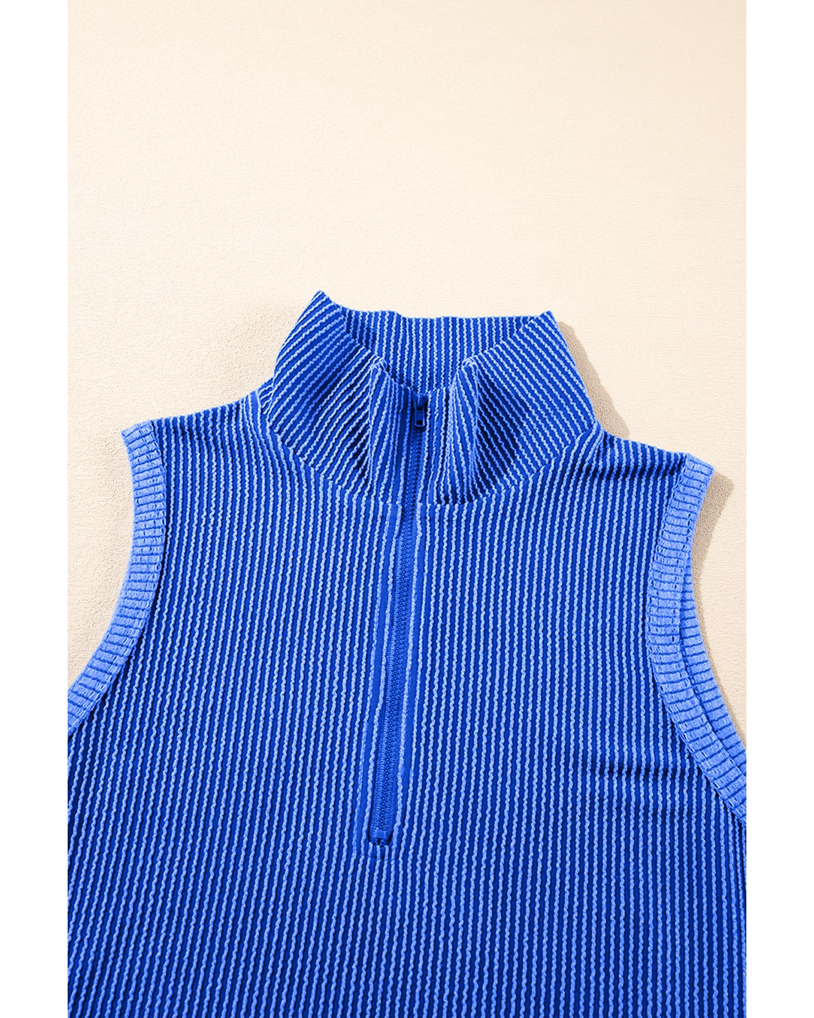 Sky Blue Corded Collared Half Zip Tank Top Two Piece Shorts Set - XL 6