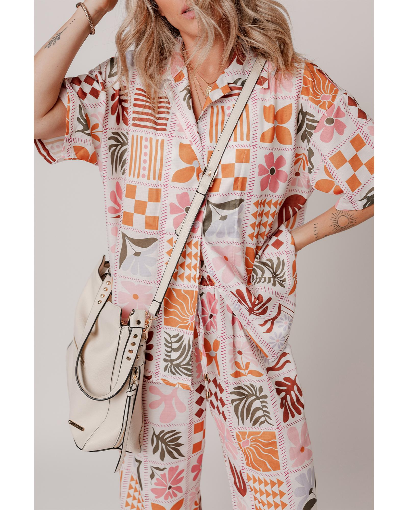 Orange Plant Checkered Print Collared Shirt and Wide Leg Pants Set - L