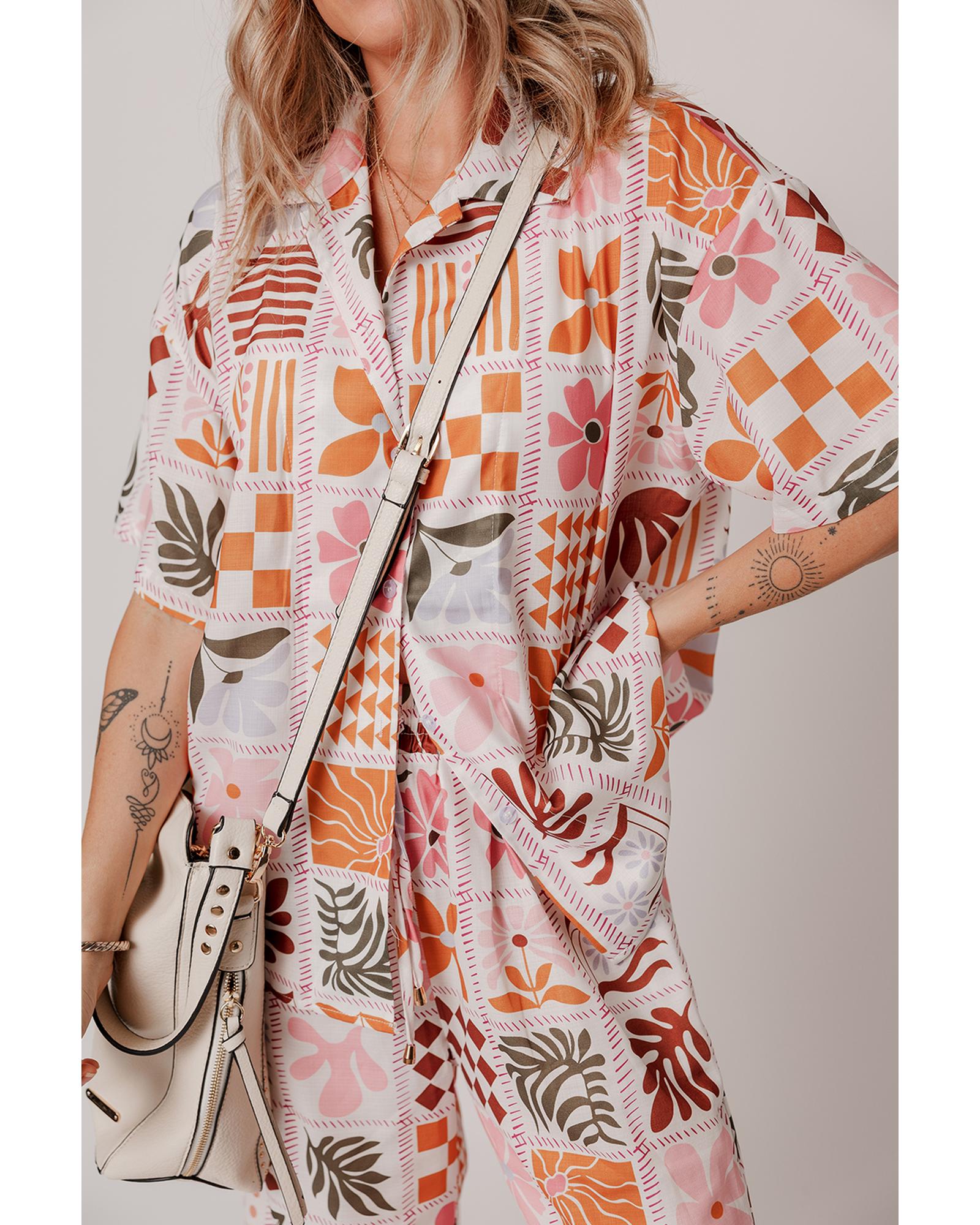 Orange Plant Checkered Print Collared Shirt and Wide Leg Pants Set - L 3