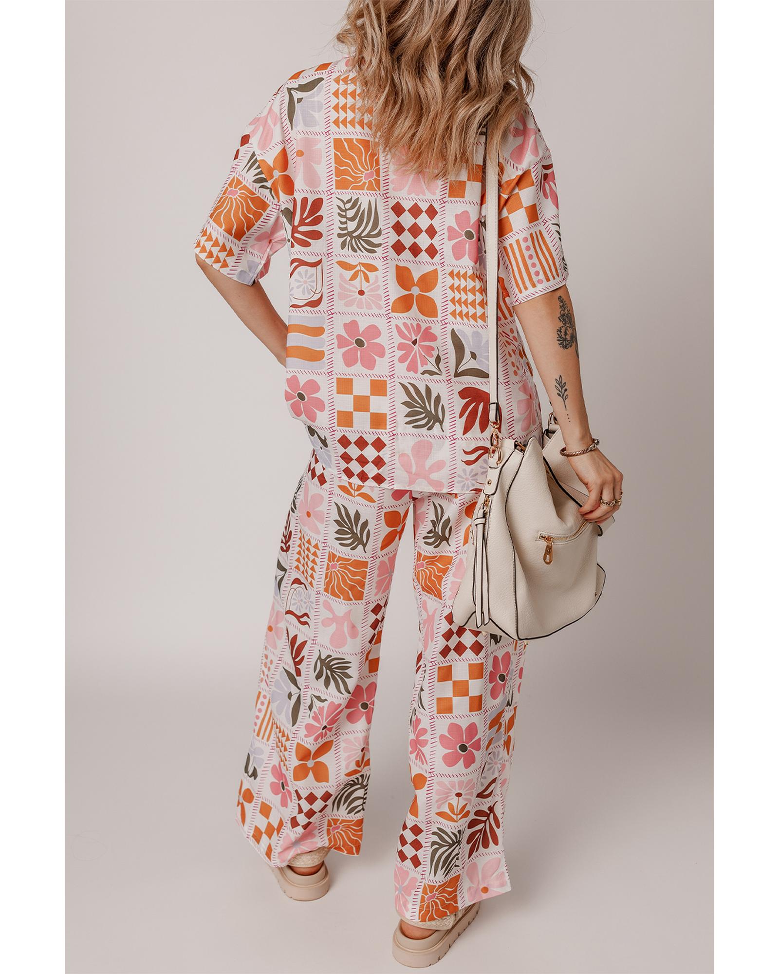 Orange Plant Checkered Print Collared Shirt and Wide Leg Pants Set - L 5