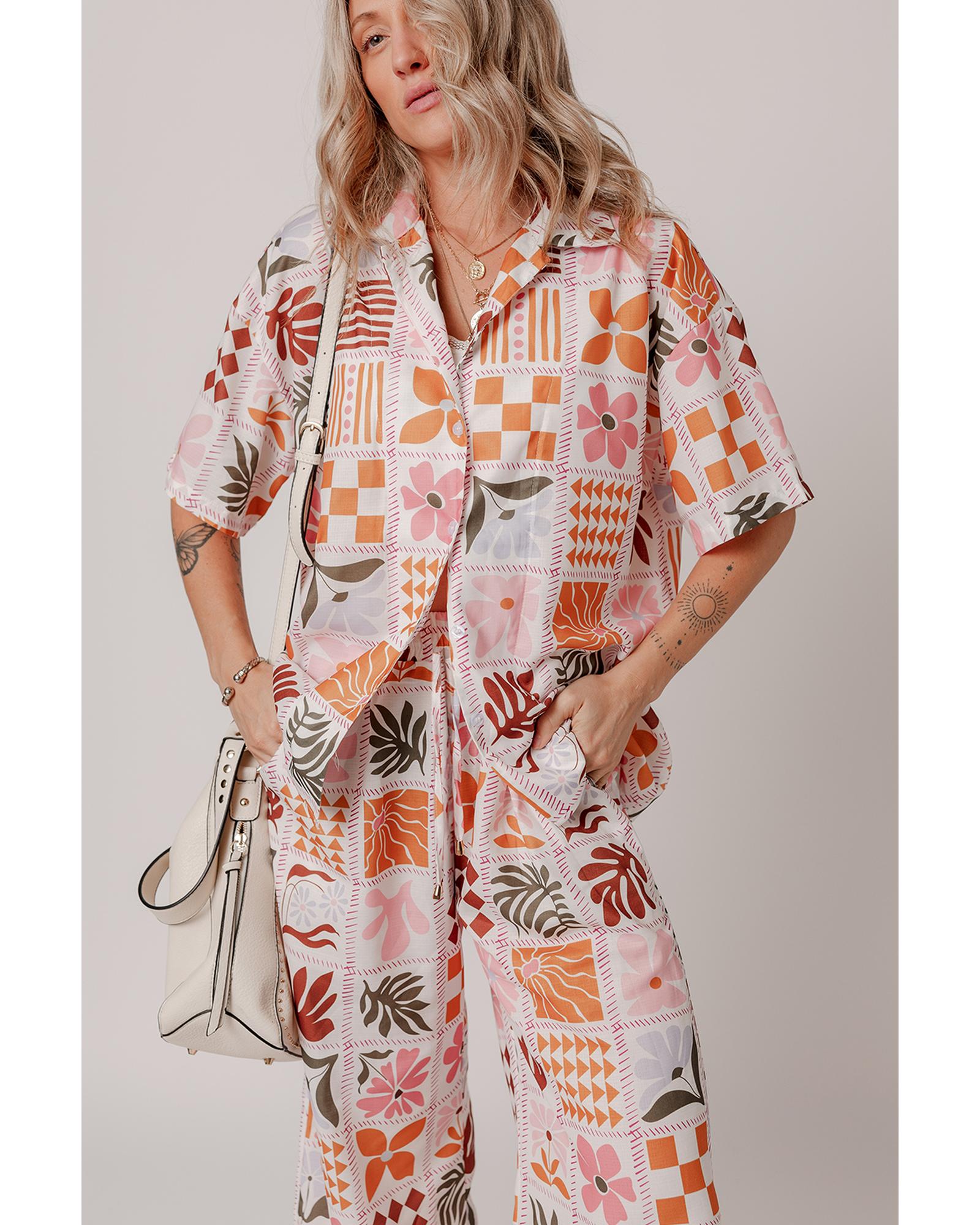 Orange Plant Checkered Print Collared Shirt and Wide Leg Pants Set - M