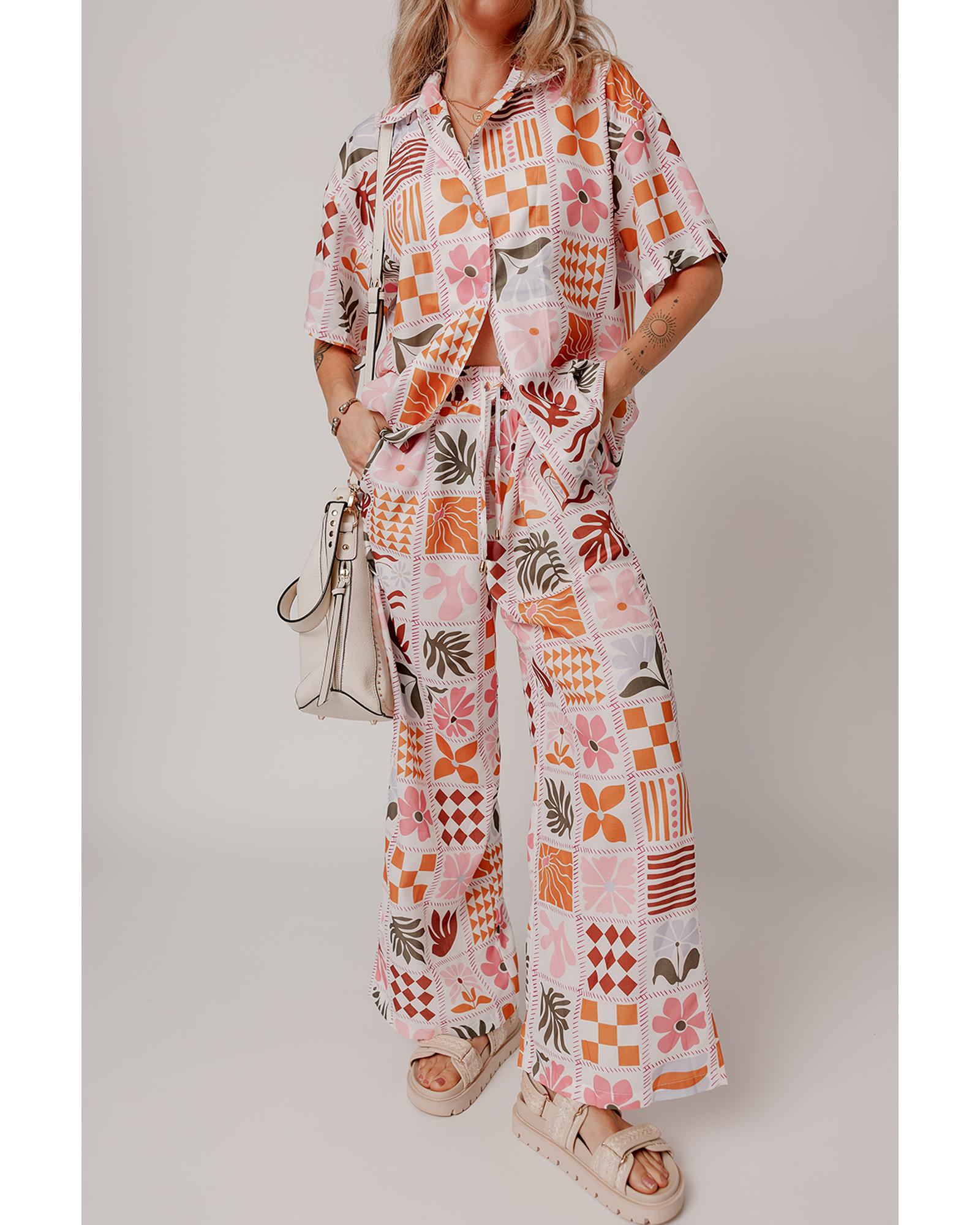 Orange Plant Checkered Print Collared Shirt and Wide Leg Pants Set - M 4