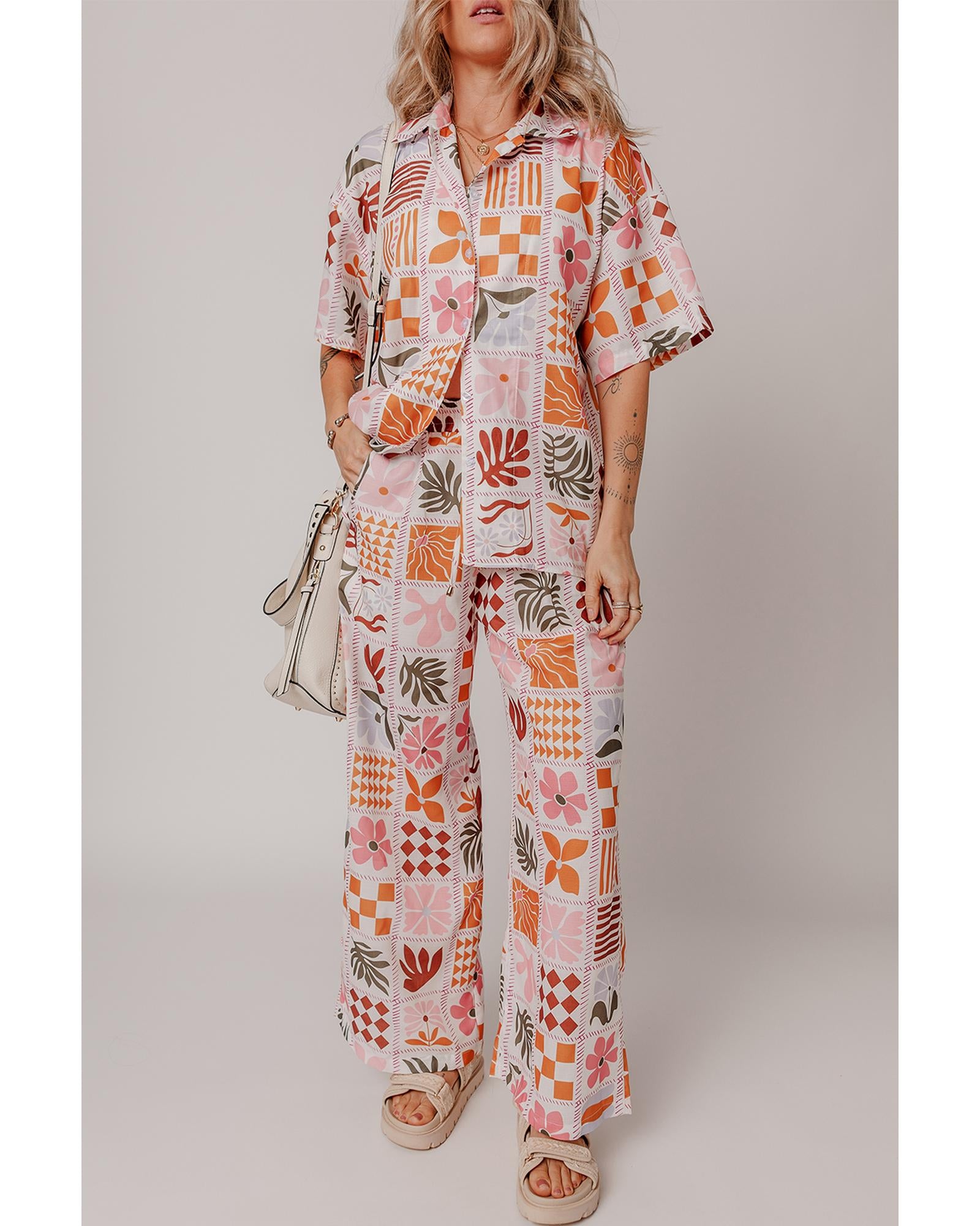 Orange Plant Checkered Print Collared Shirt and Wide Leg Pants Set - M 6