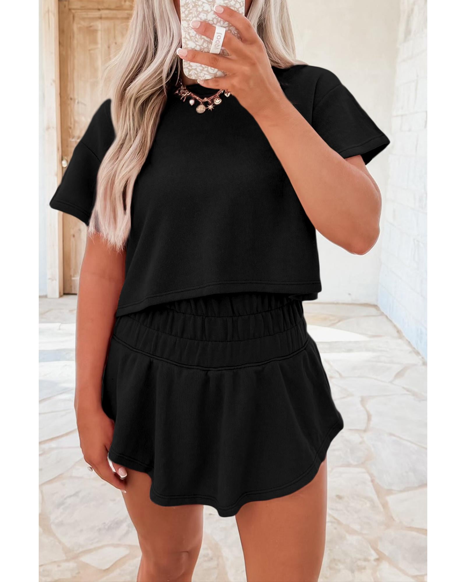 Black 2pcs Cropped Tee and Ruffle High Waist Skort Set - L