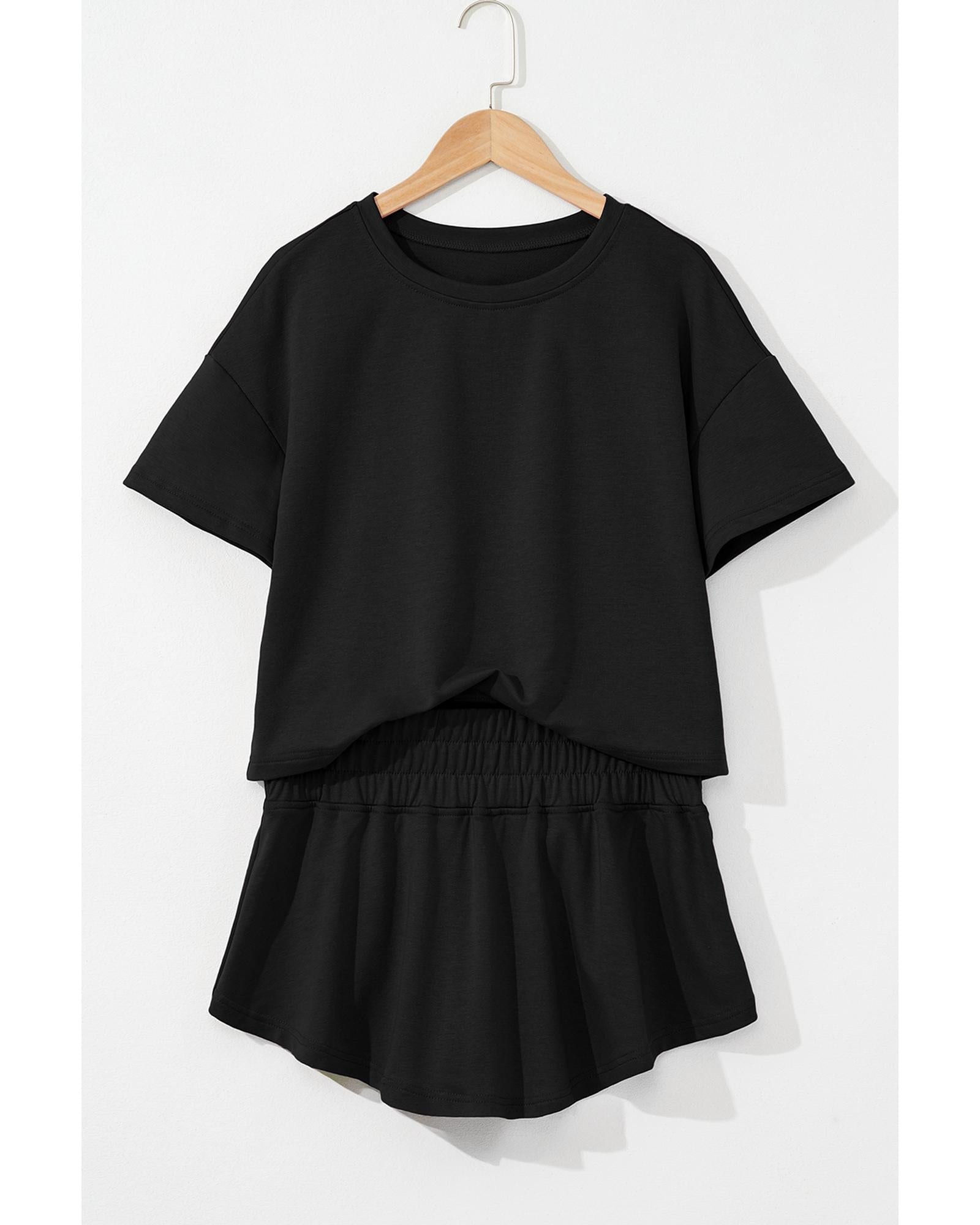 Black 2pcs Cropped Tee and Ruffle High Waist Skort Set - S 4