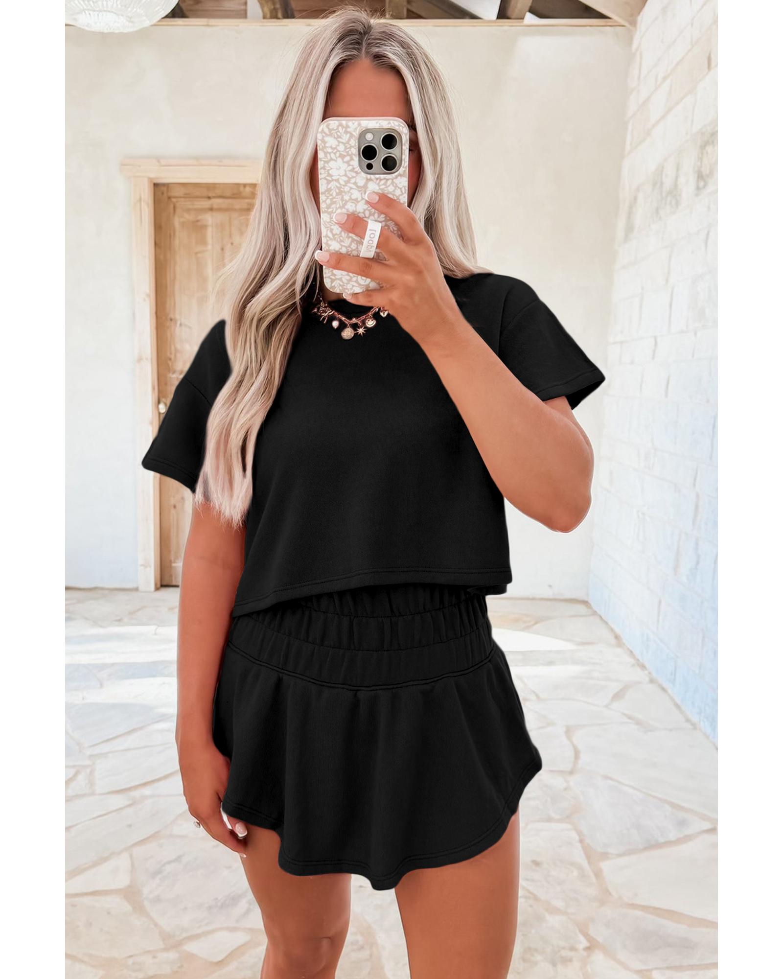 Black 2pcs Cropped Tee and Ruffle High Waist Skort Set - XL 3