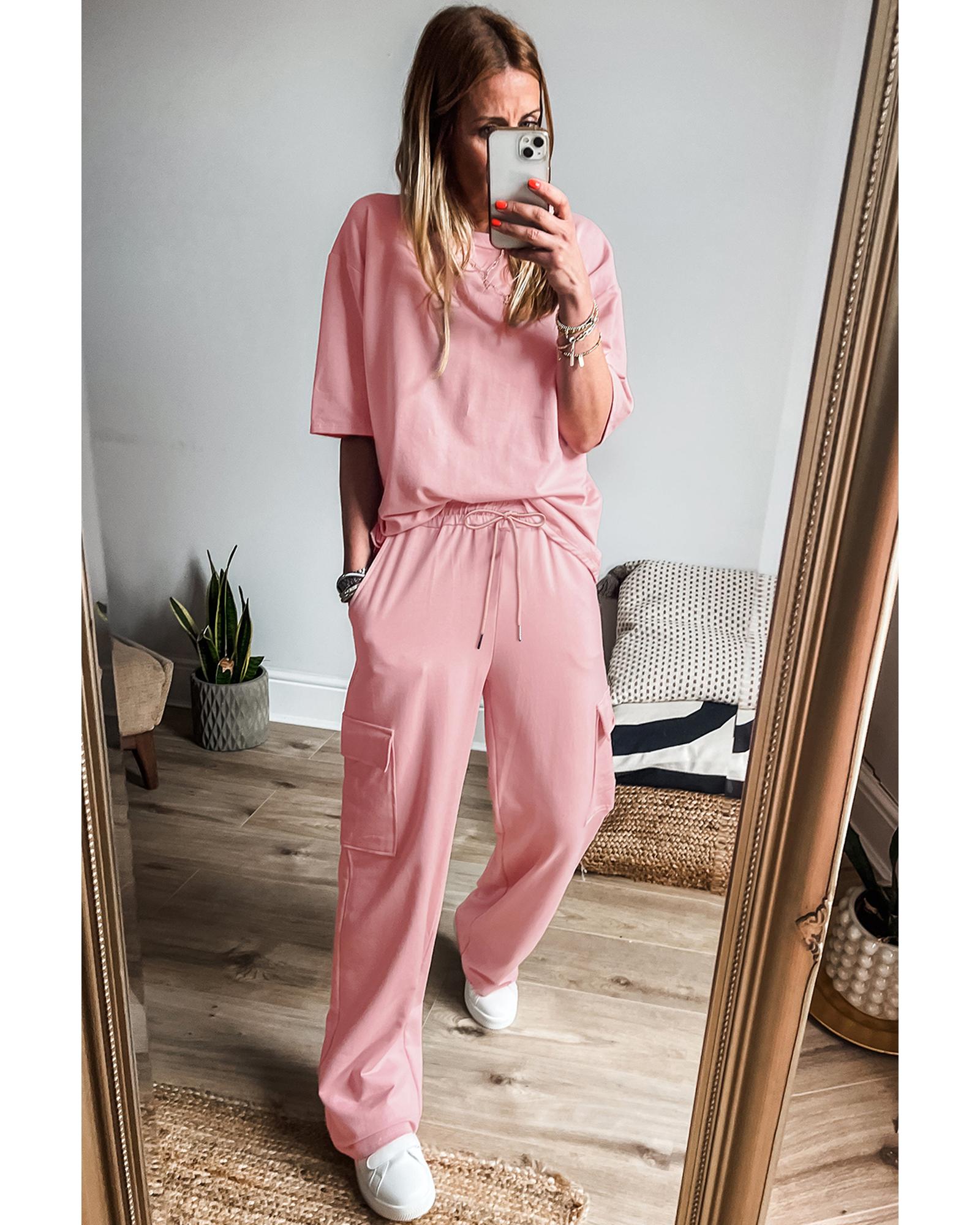 Apricot Pink Half Sleeve T-Shirt & Cargo Sweatpants Set - L 5