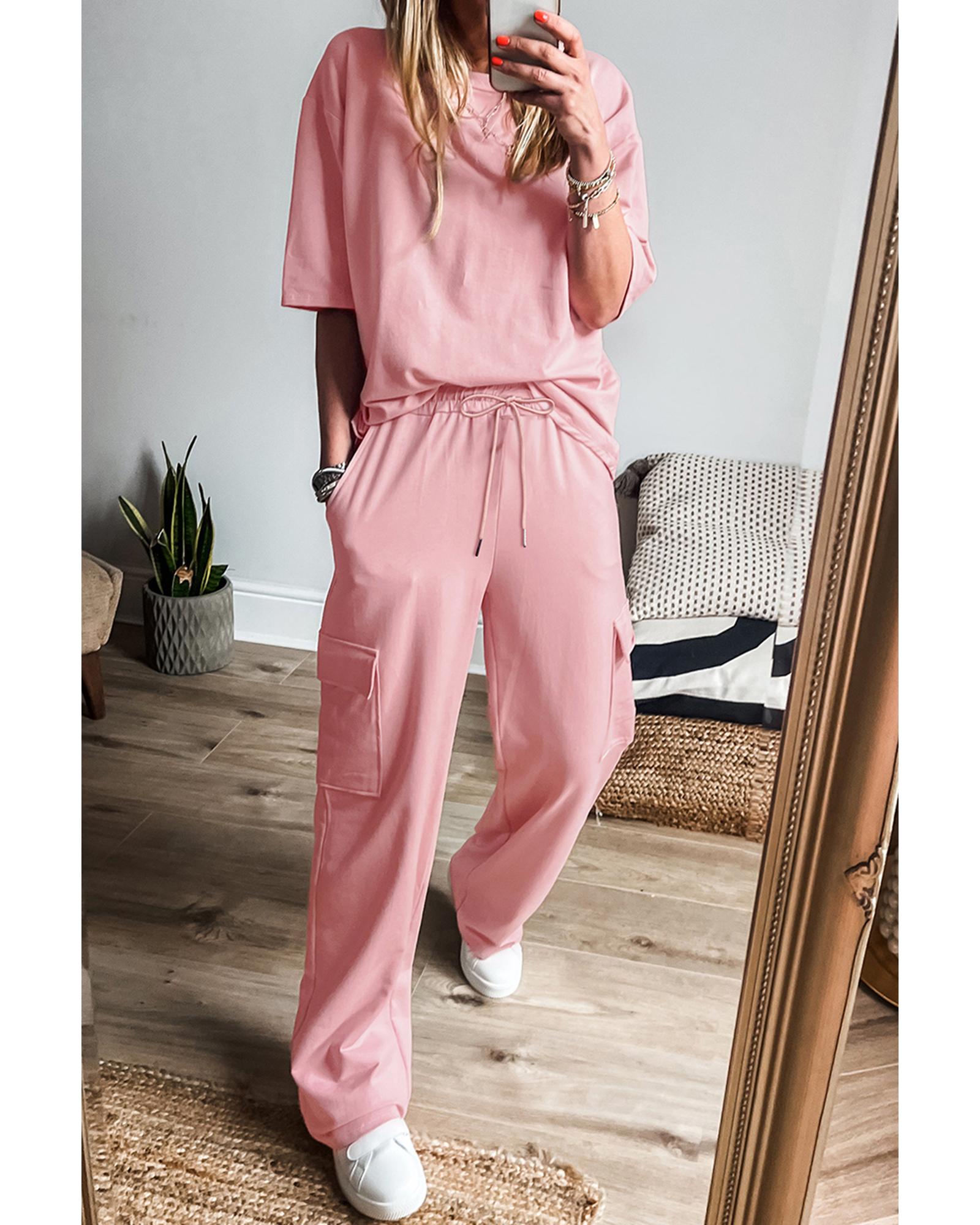 Apricot Pink Half Sleeve T-Shirt & Cargo Sweatpants Set - M 4