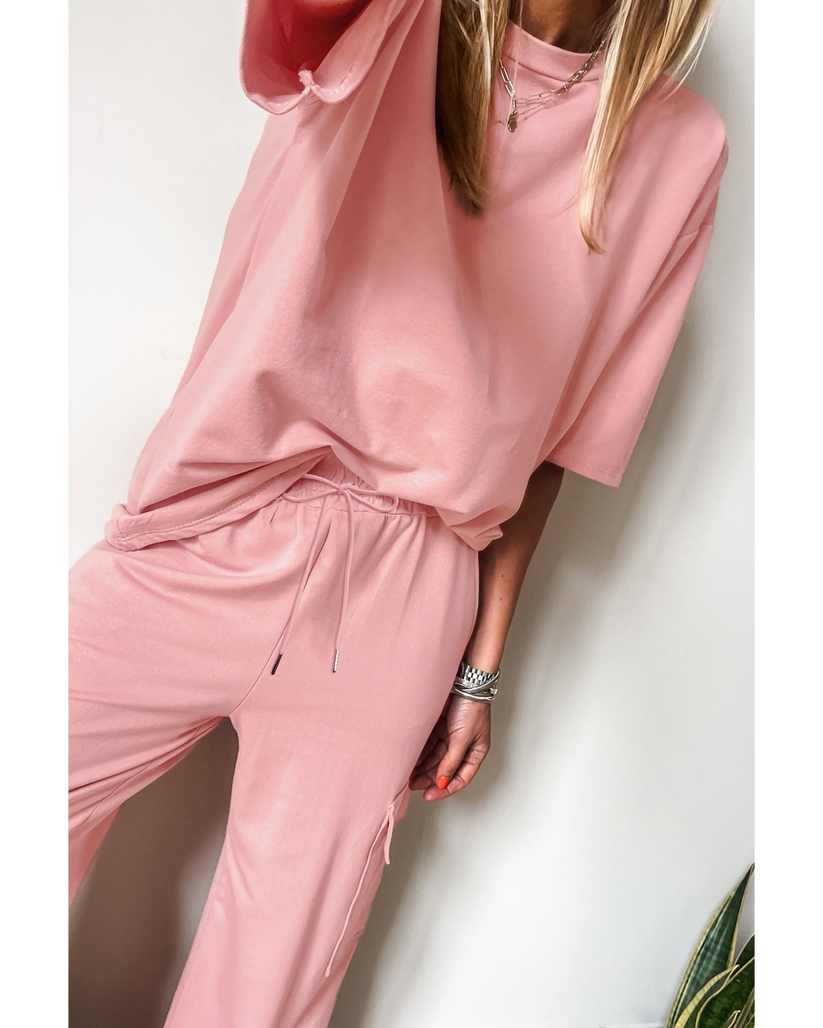 Apricot Pink Half Sleeve T-Shirt & Cargo Sweatpants Set - S
