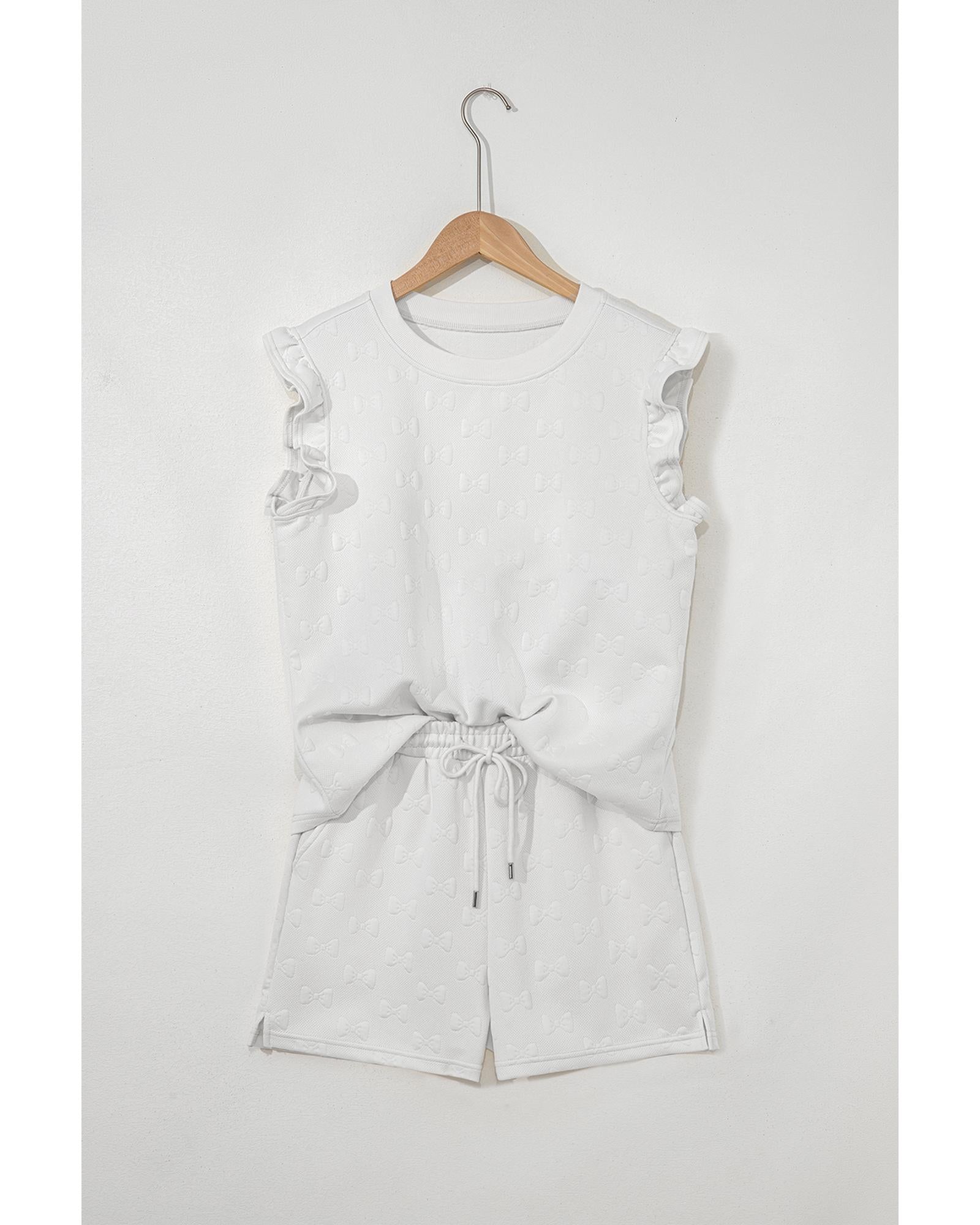 White Bow Jacquard Ruffle Sleeve Short 2pcs Outfit - L 4