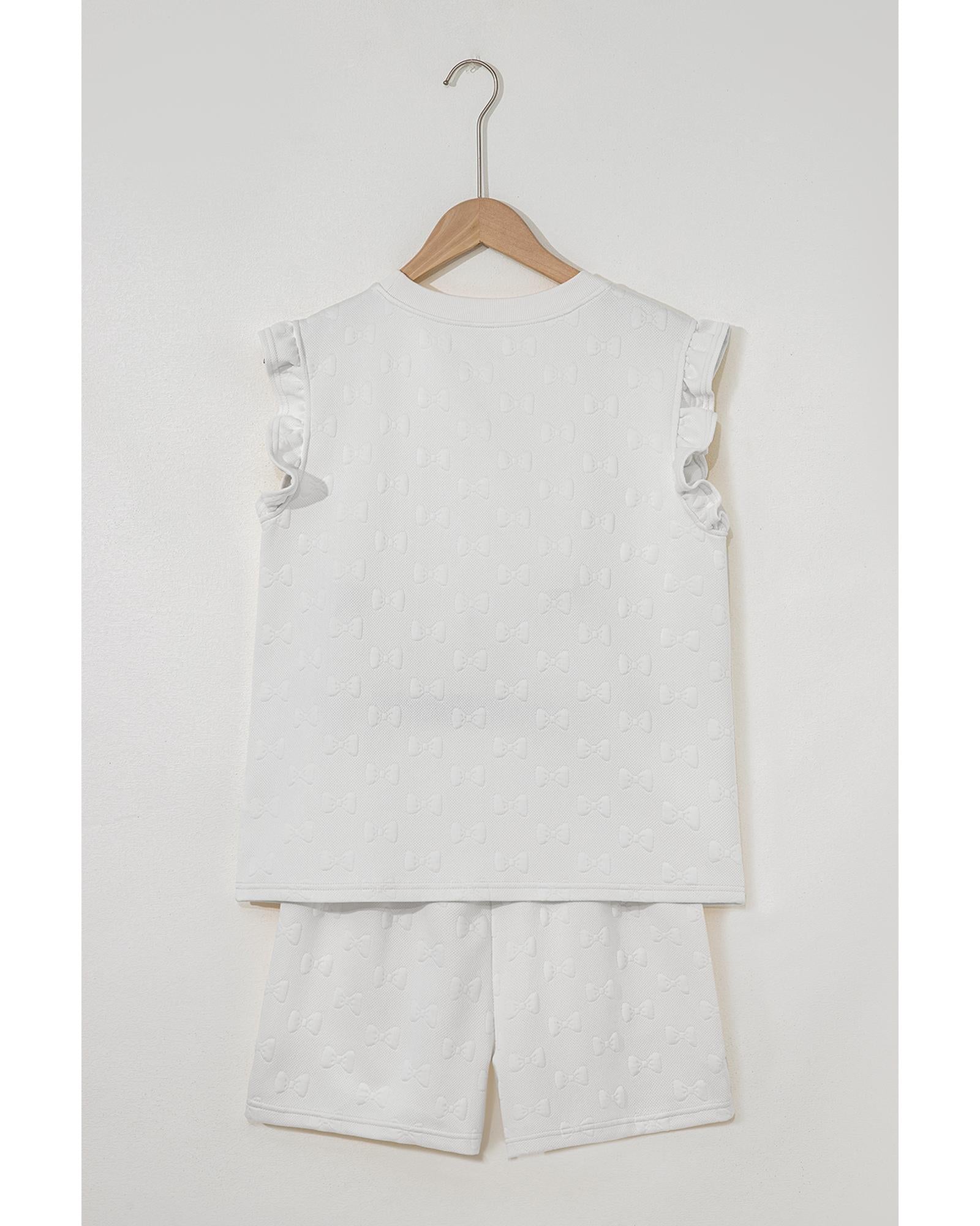 White Bow Jacquard Ruffle Sleeve Short 2pcs Outfit - L 5