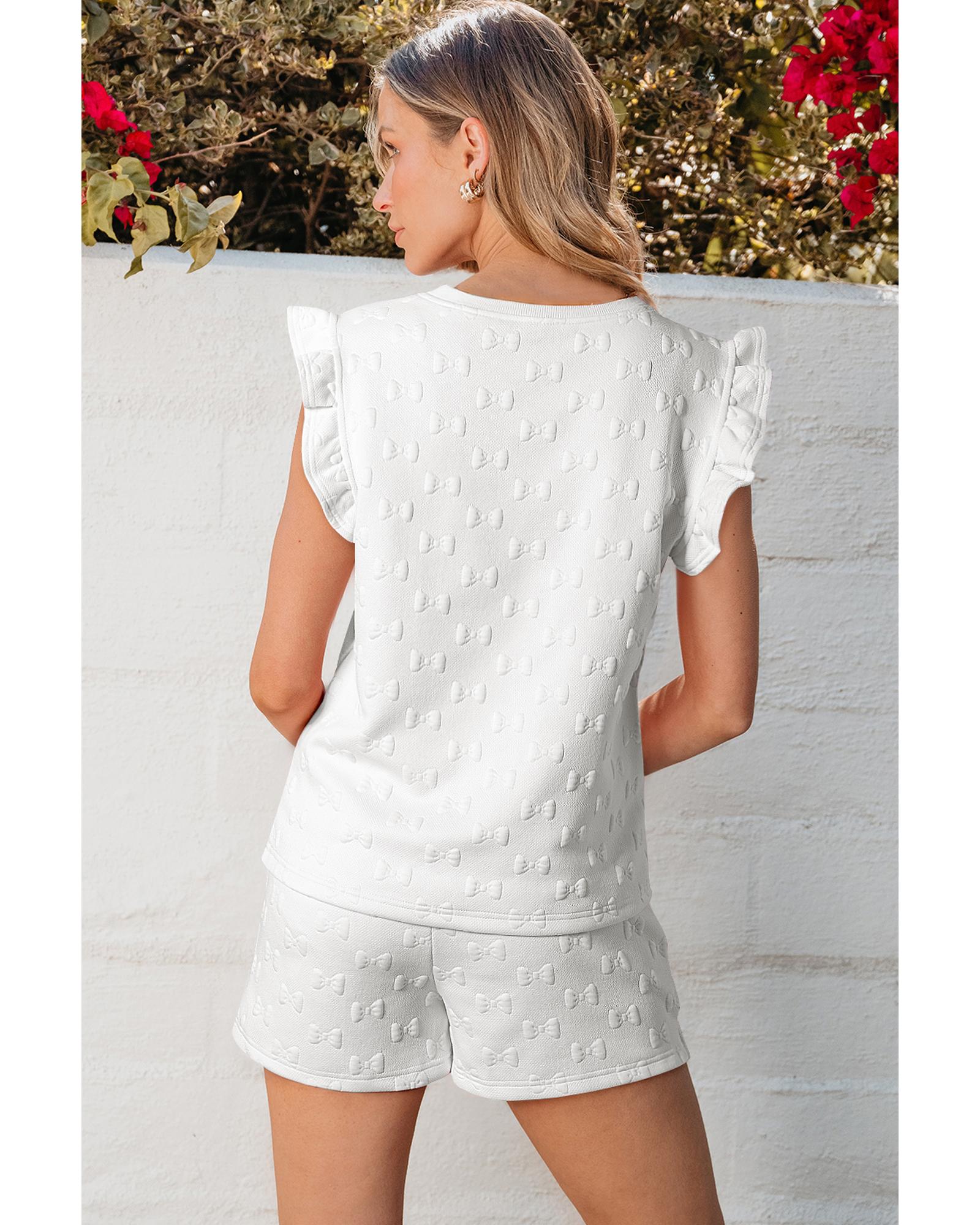 White Bow Jacquard Ruffle Sleeve Short 2pcs Outfit - M