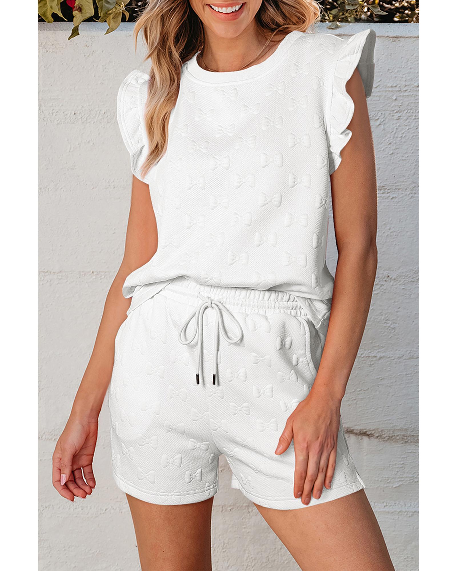White Bow Jacquard Ruffle Sleeve Short 2pcs Outfit - S 3