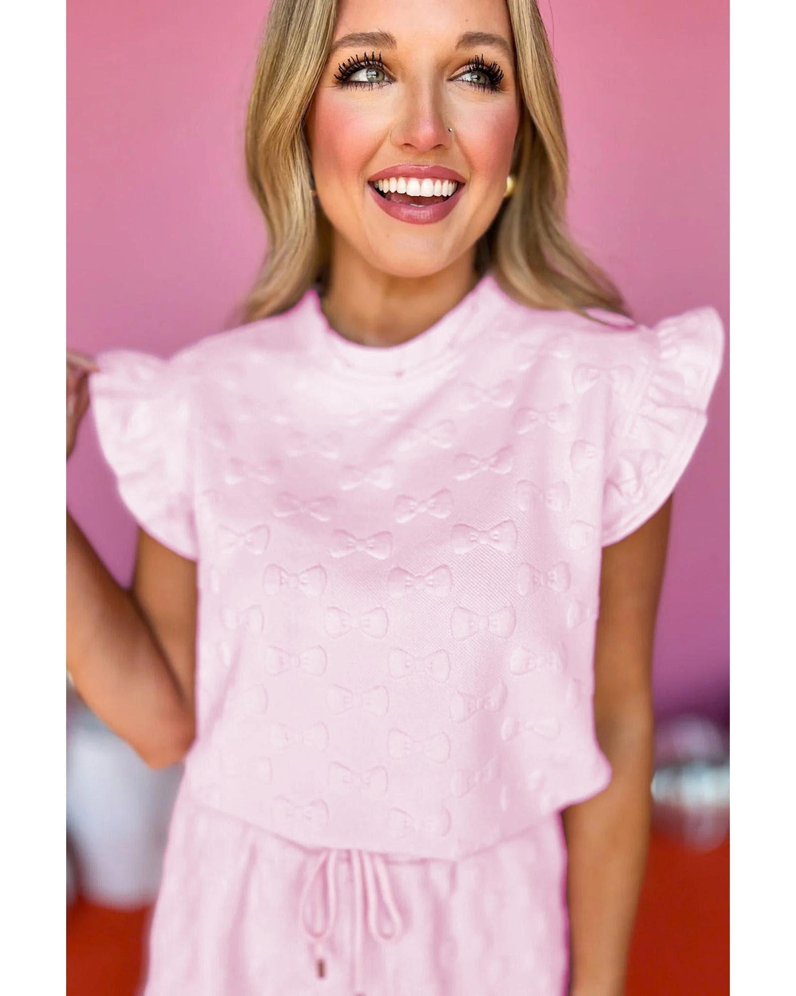 Pink Bow Jacquard Ruffle Sleeve Short 2pcs Outfit - L 4