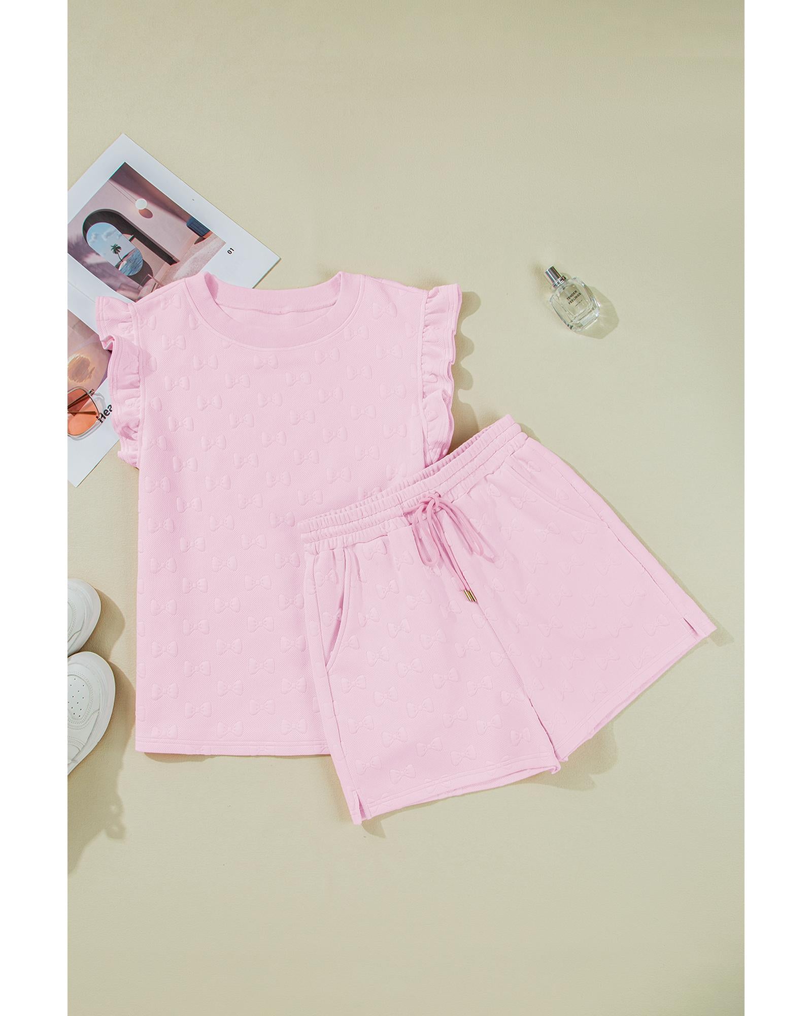 Pink Bow Jacquard Ruffle Sleeve Short 2pcs Outfit - L 5