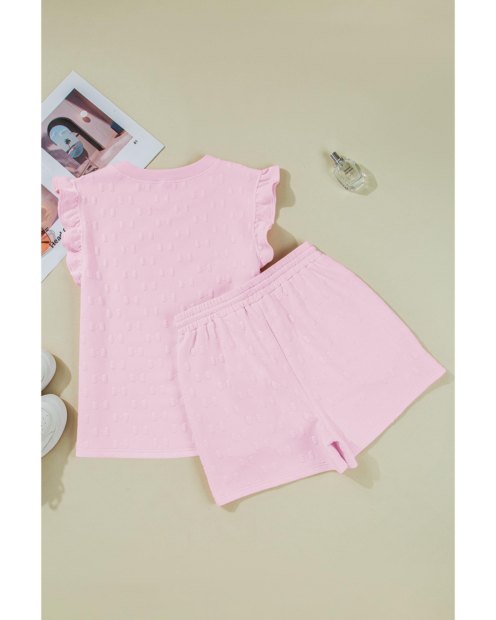 Pink Bow Jacquard Ruffle Sleeve Short 2pcs Outfit - L 6