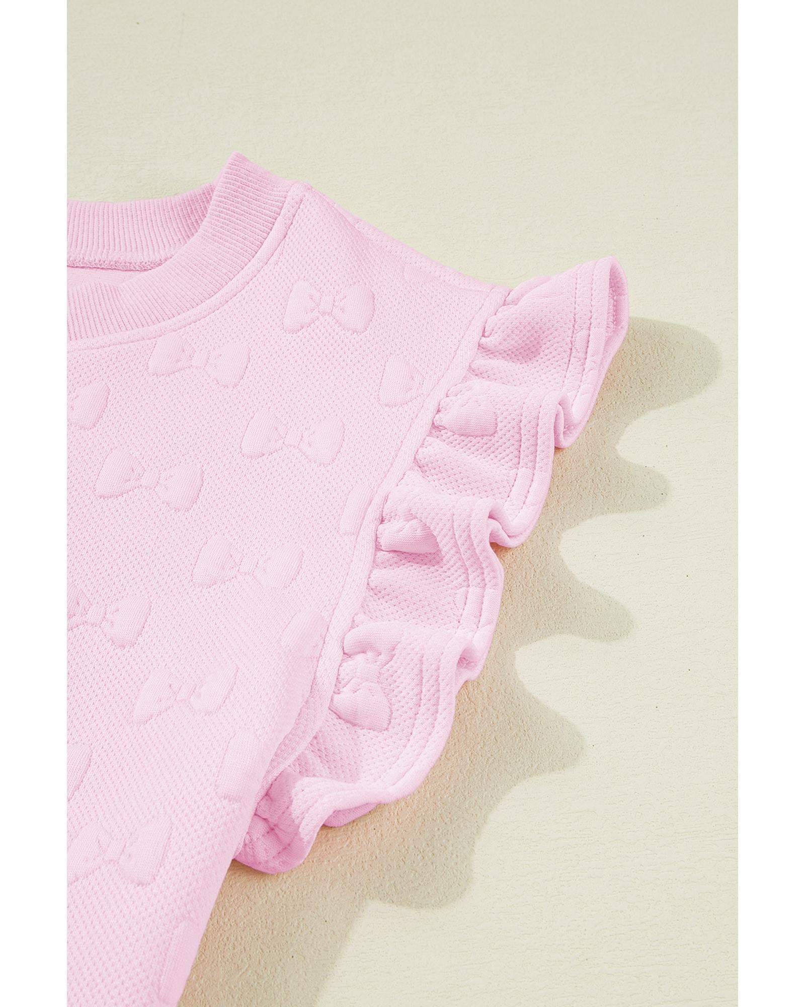 Pink Bow Jacquard Ruffle Sleeve Short 2pcs Outfit - L 7