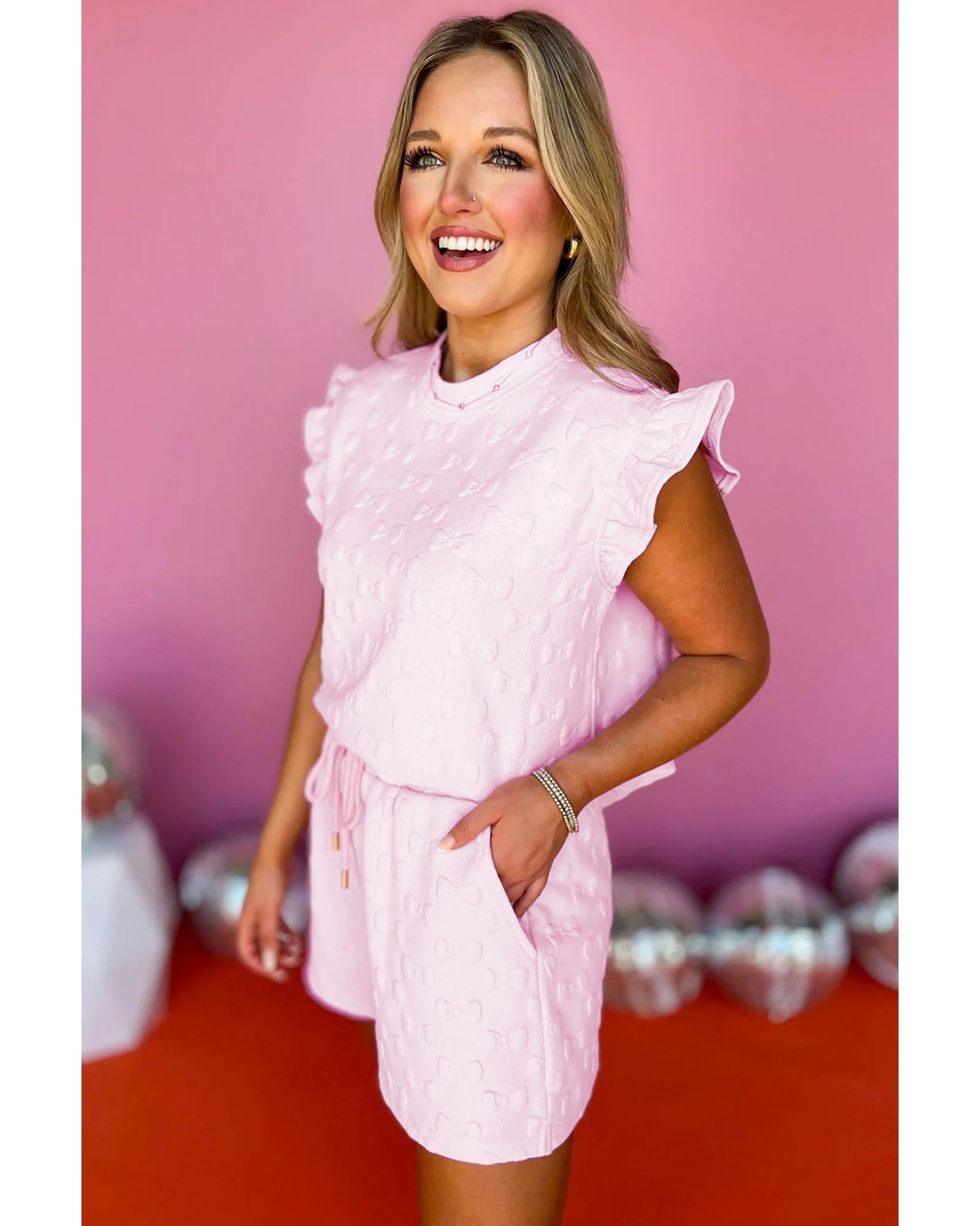 Pink Bow Jacquard Ruffle Sleeve Short 2pcs Outfit - XL
