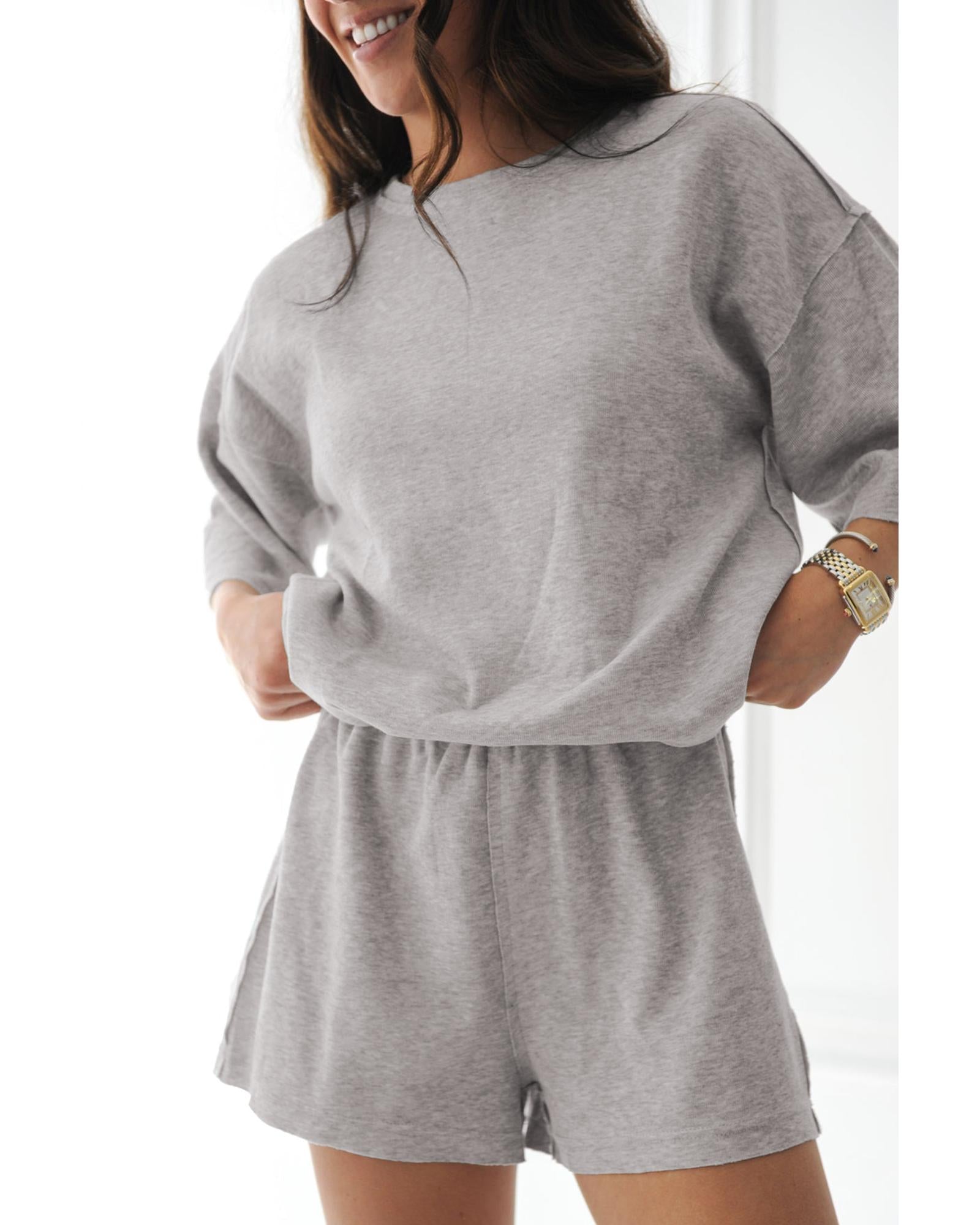 Gray Solid Color Loose Tee 2 Piece Shorts Set - M