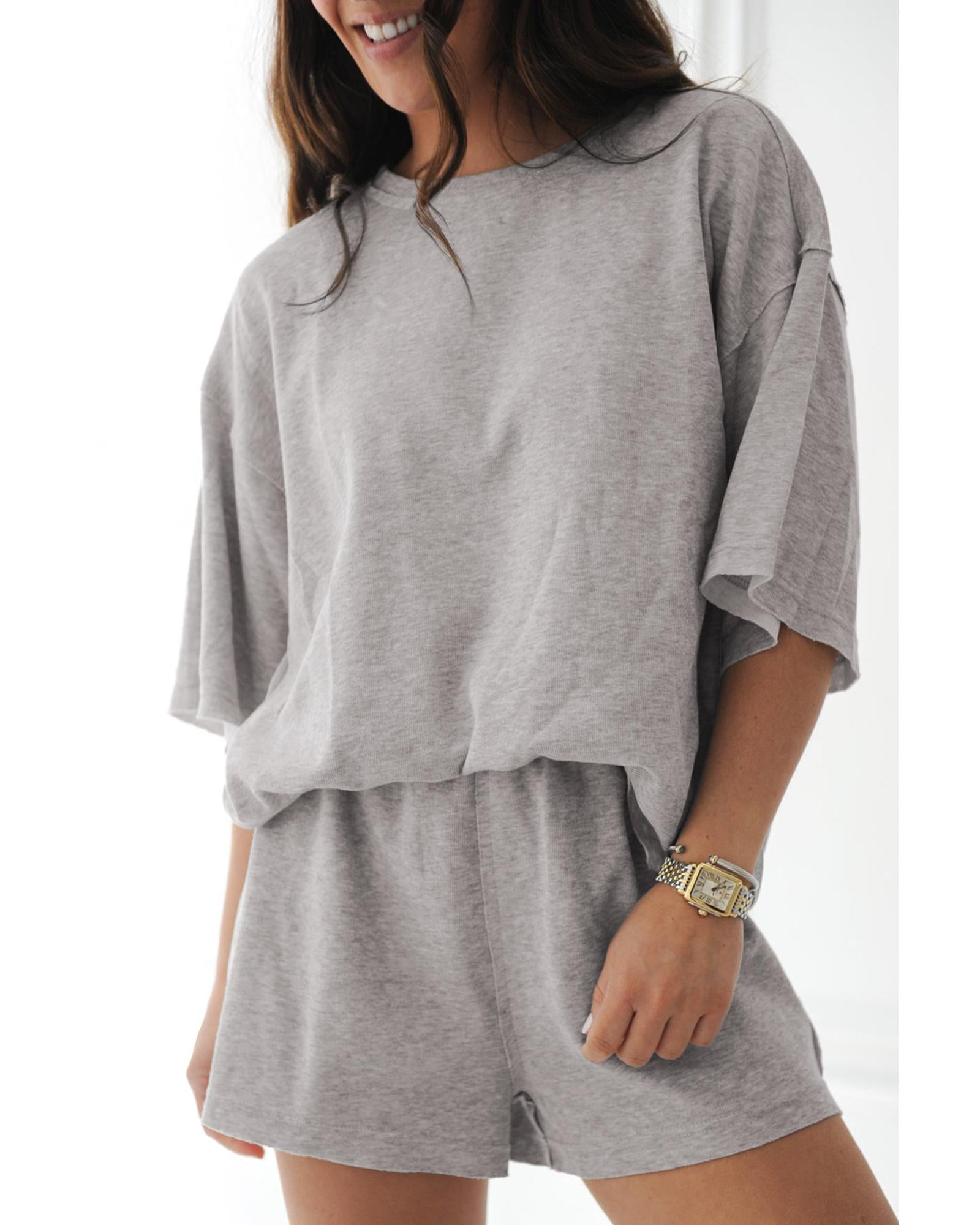Gray Solid Color Loose Tee 2 Piece Shorts Set - M 4