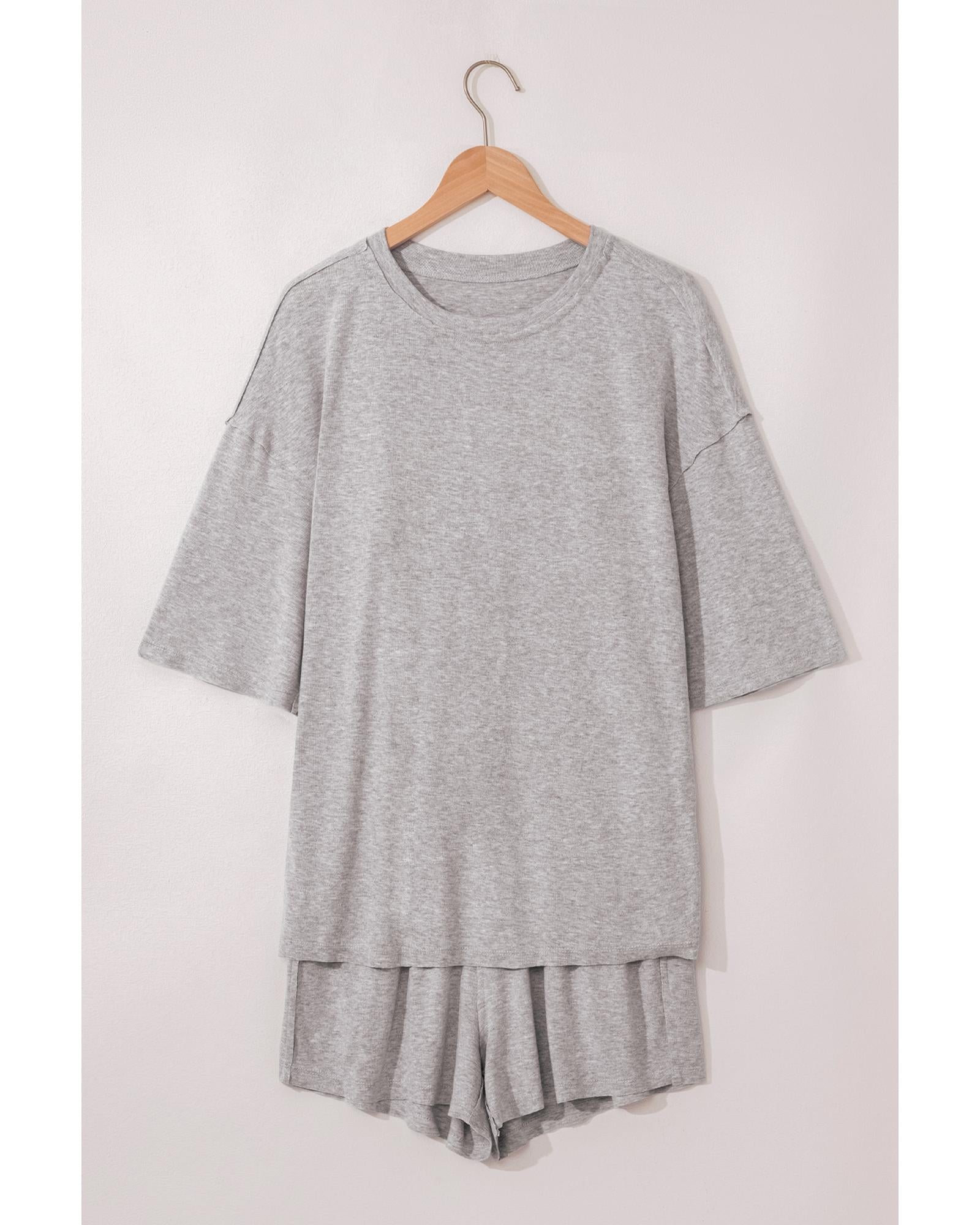 Gray Solid Color Loose Tee 2 Piece Shorts Set - M 5