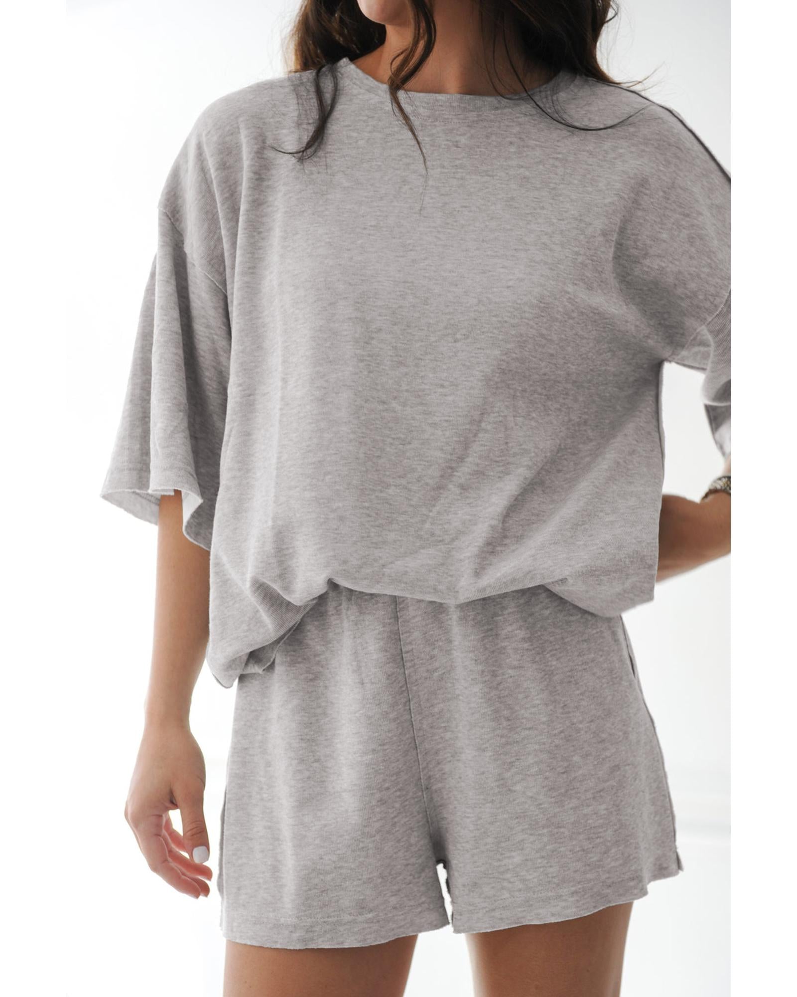 Gray Solid Color Loose Tee 2 Piece Shorts Set - S