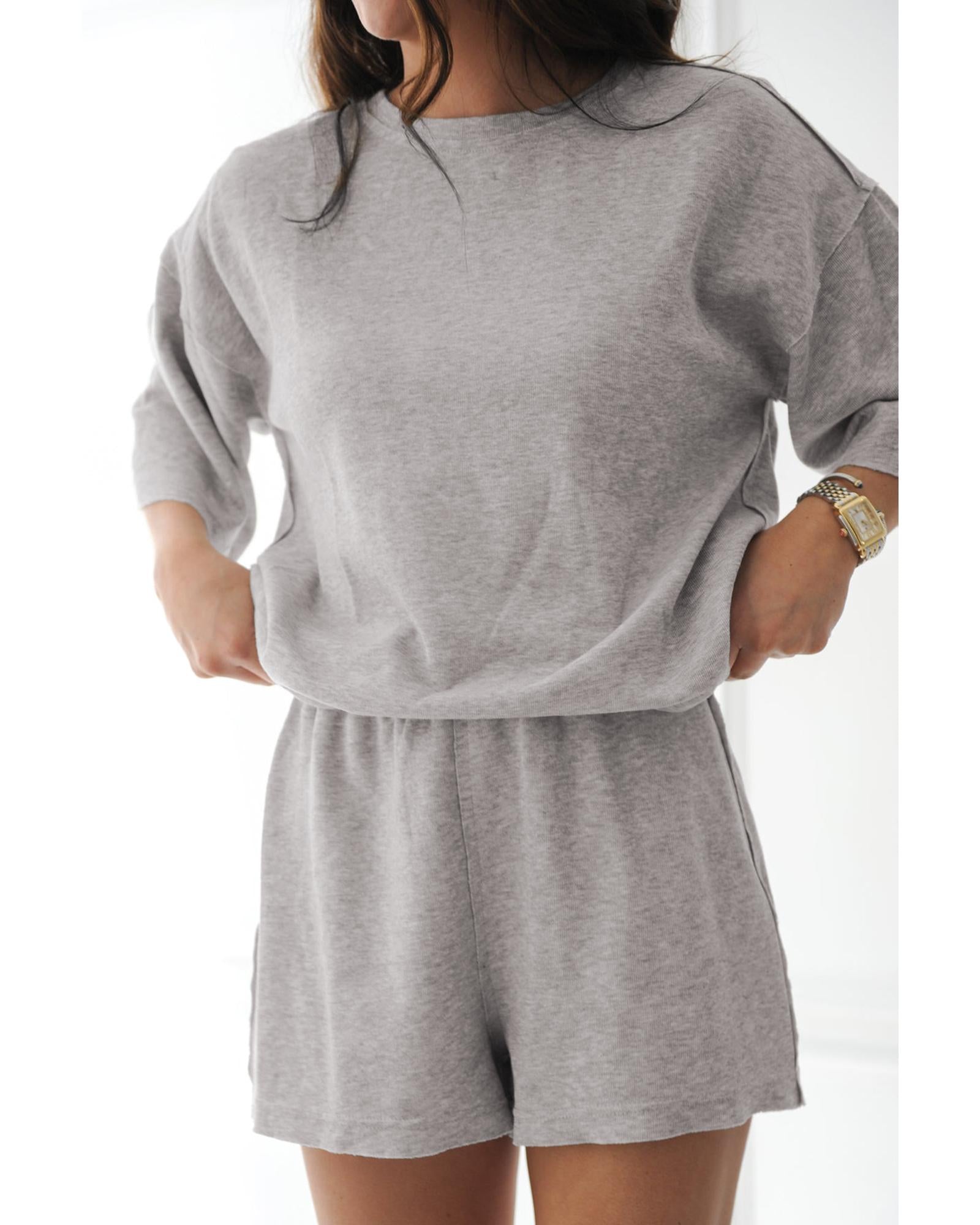 Gray Solid Color Loose Tee 2 Piece Shorts Set - S