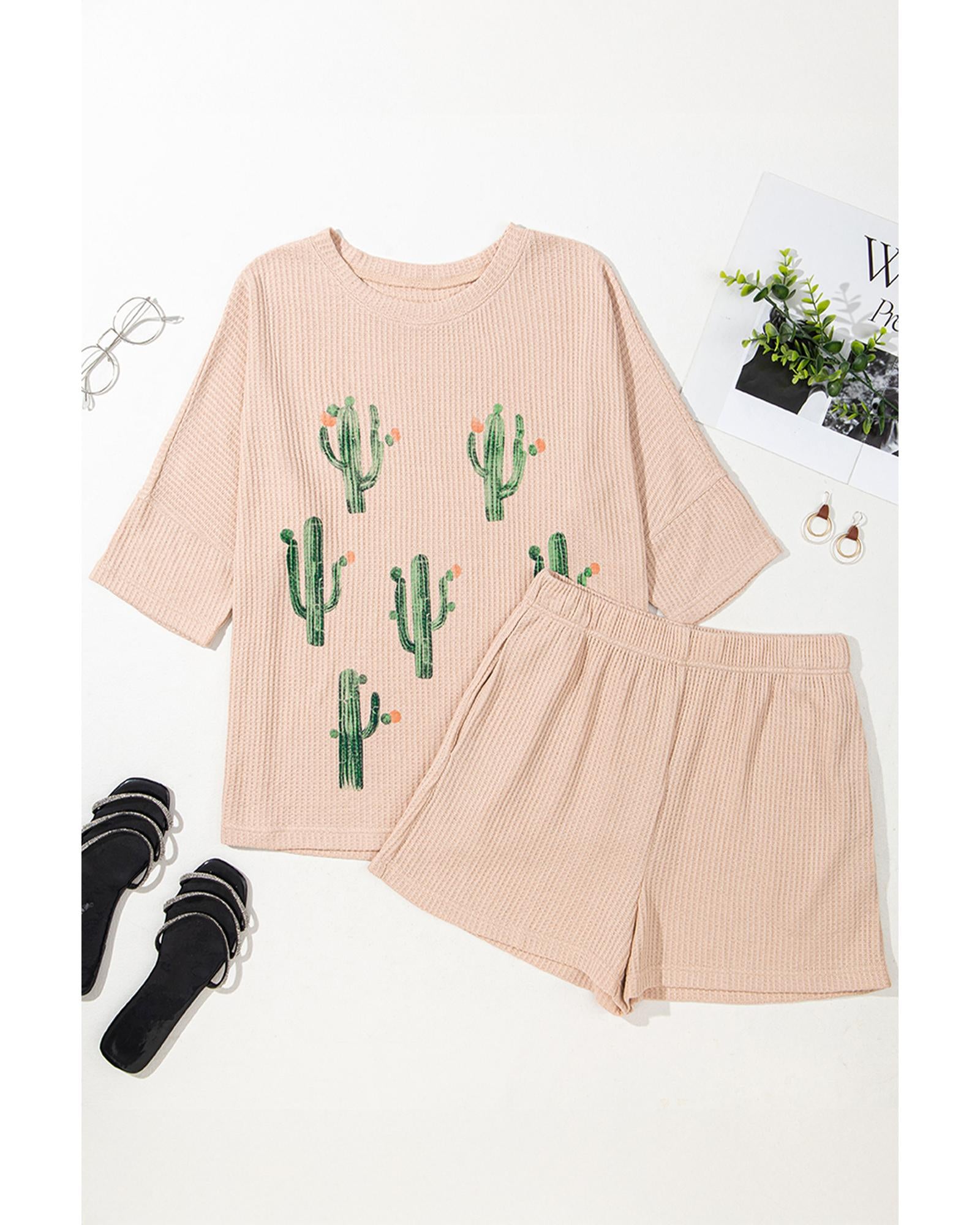 Light French Beige Cactus Forest Waffle Half Sleeve Tee Short Set - S 3