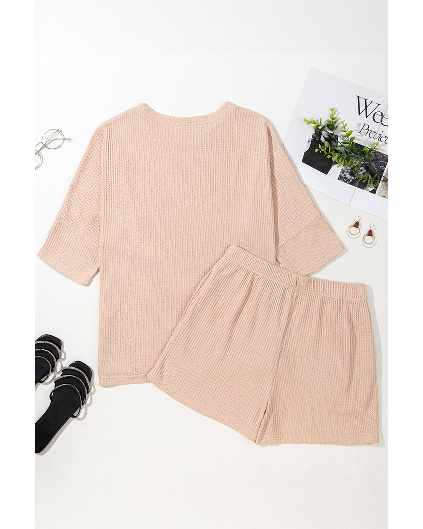 Light French Beige Cactus Forest Waffle Half Sleeve Tee Short Set - S 4