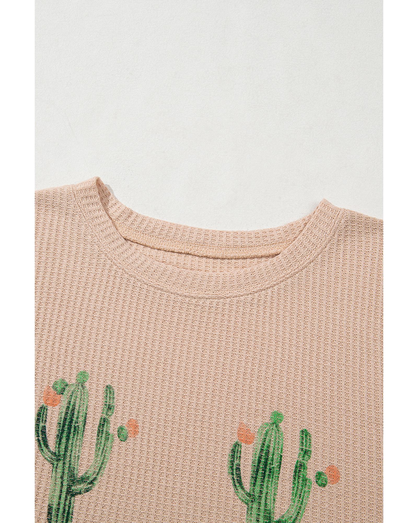 Light French Beige Cactus Forest Waffle Half Sleeve Tee Short Set - S 5
