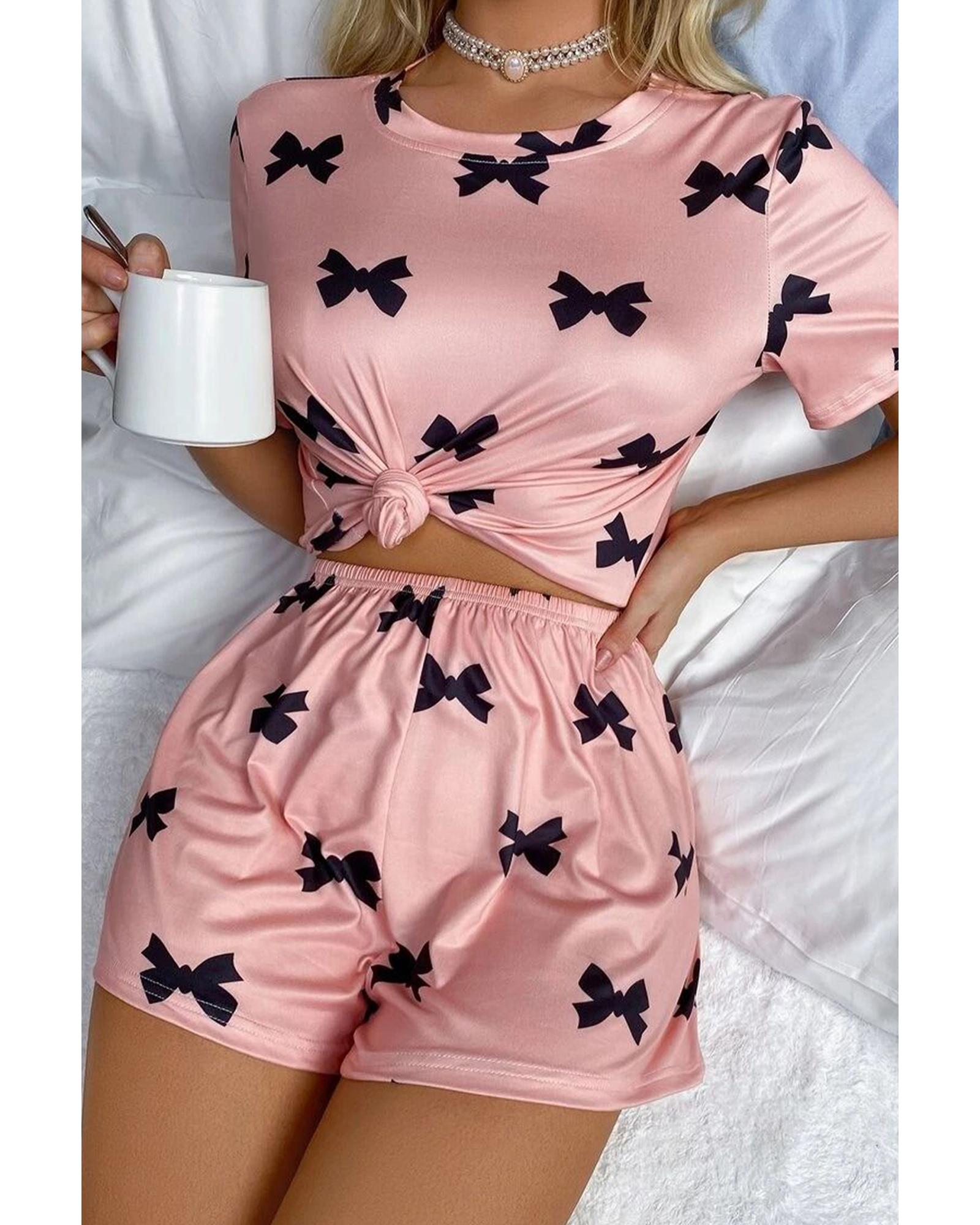 Pink Bow Printed Short 2pcs Lounge Set - L 3